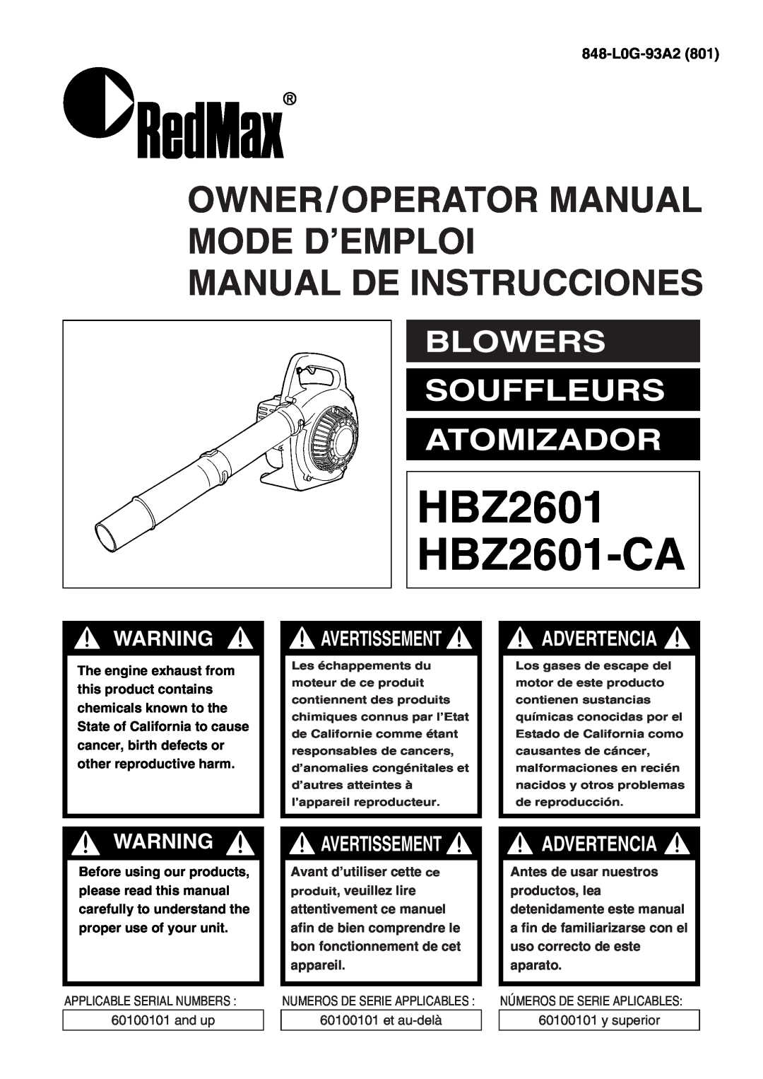 Zenoah manual Blowers Souffleurs Atomizador, 848-L0G-93A2, HBZ2601 HBZ2601-CA, Advertencia, Avertissement 