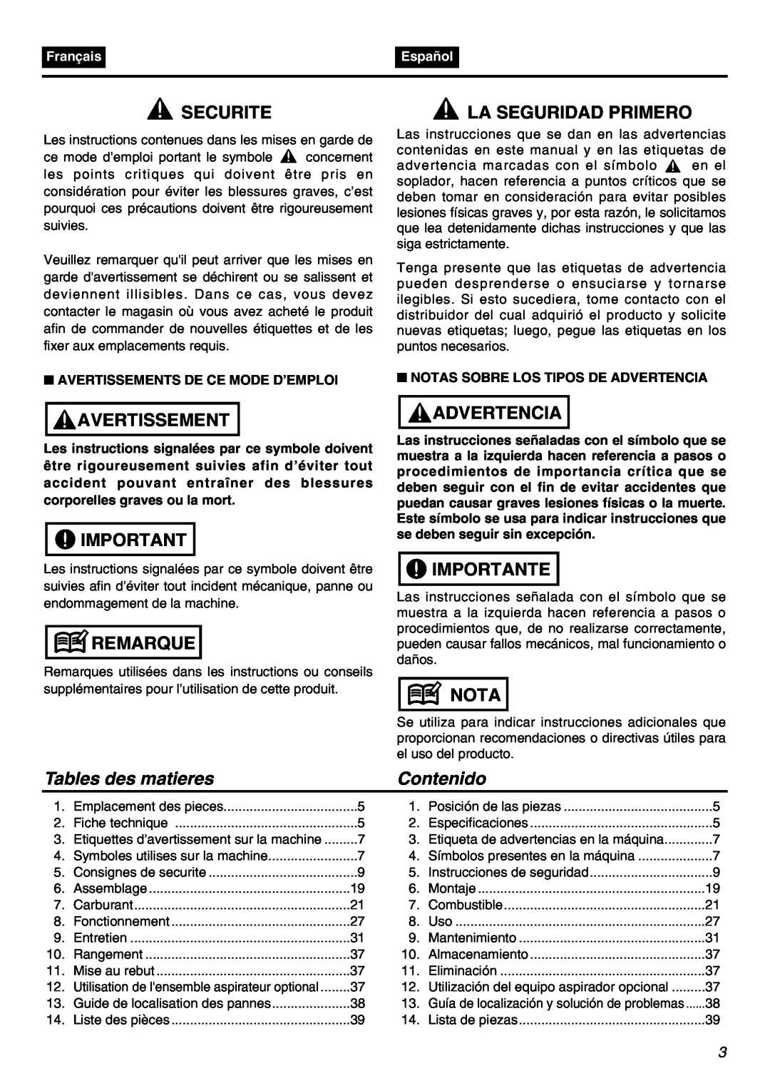 Zenoah HBZ2601-CA manual Securite, Avertissement, Remarque, La Seguridad Primero, Advertencia, Importante, Nota, Contenido 