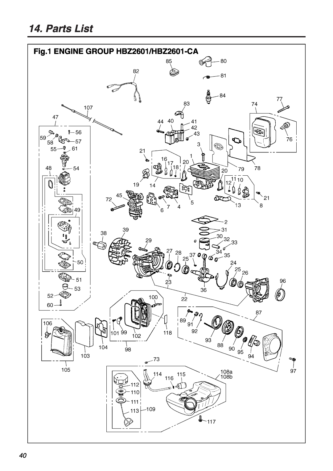 Zenoah manual Parts List, ENGINE GROUP HBZ2601/HBZ2601-CA 