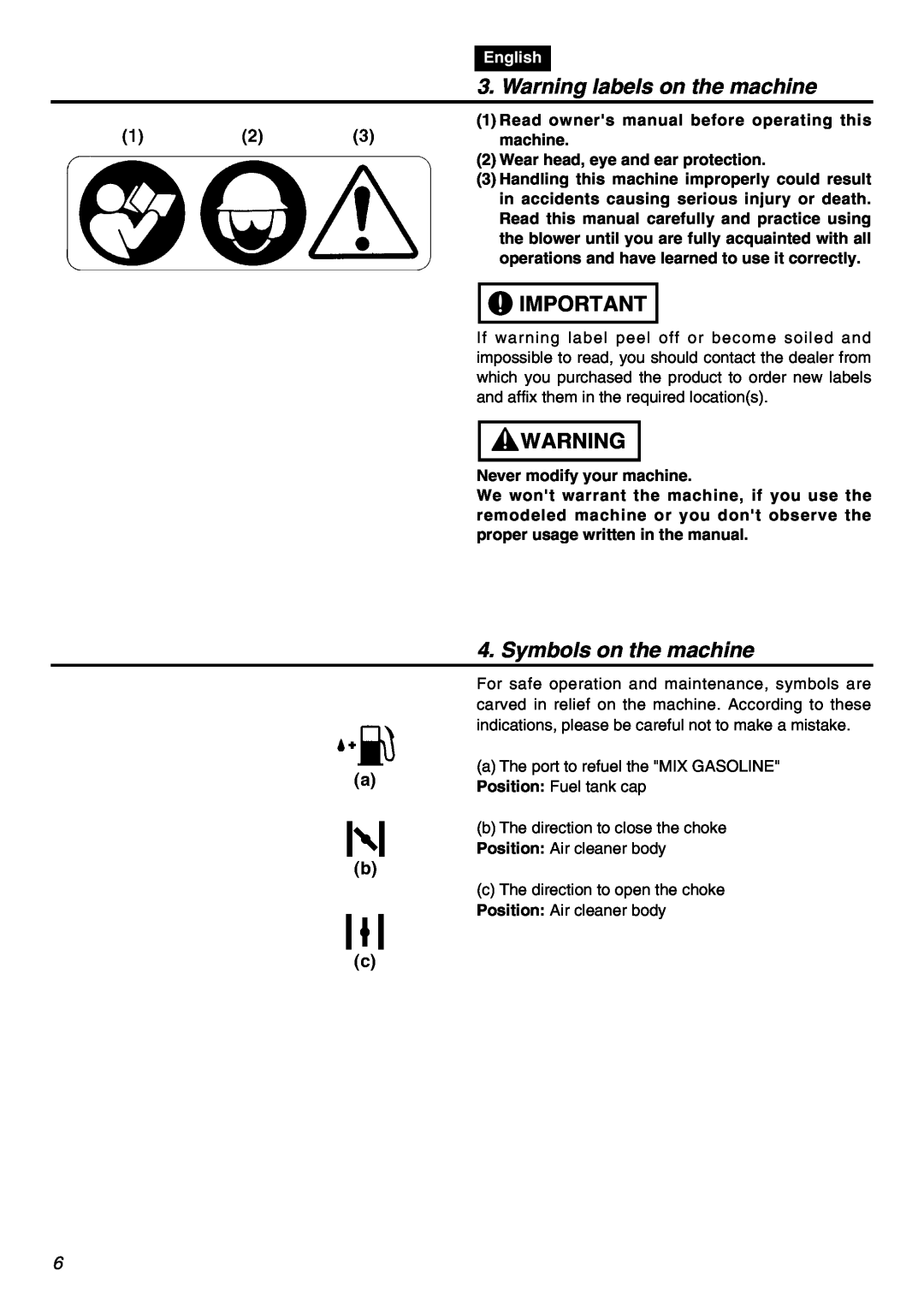 Zenoah HBZ2601-CA manual Warning labels on the machine, Symbols on the machine, English, Wear head, eye and ear protection 