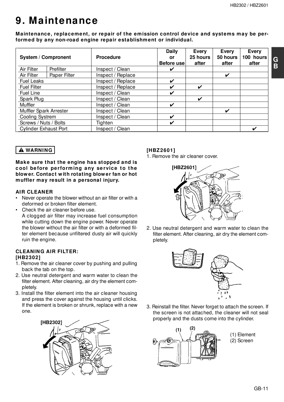 Zenoah HBZ2601 owner manual Maintenance, AIR Cleaner, Cleaning AIR Filter HB2302 