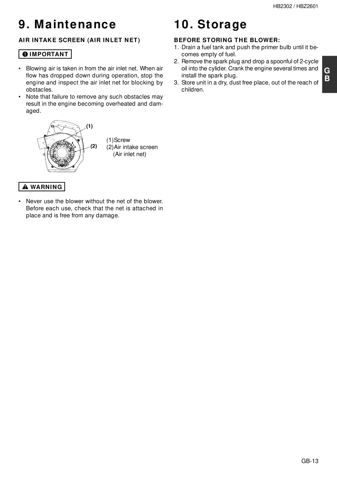 Zenoah HB2302, HBZ2601 owner manual Maintenance Storage, AIR Intake Screen AIR Inlet NET, Before Storing the Blower 