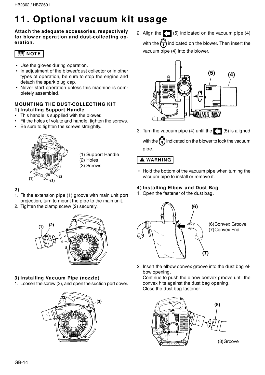 Zenoah HBZ2601, HB2302 owner manual Optional vacuum kit usage, Installing Elbow and Dust Bag 