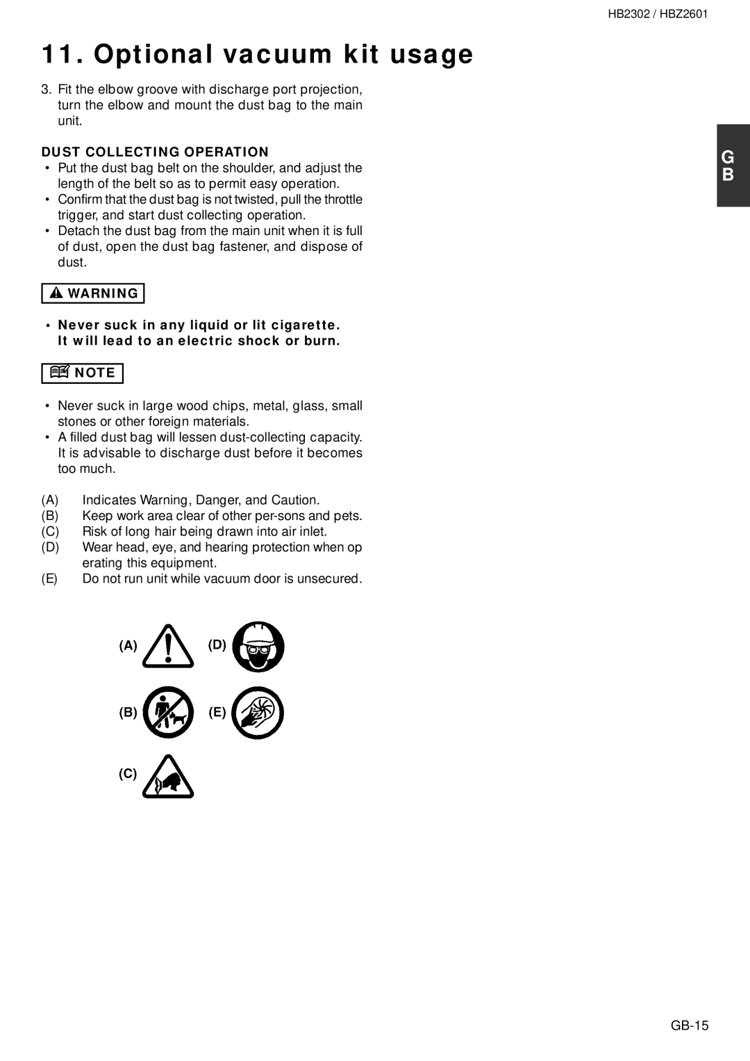 Zenoah HB2302, HBZ2601 owner manual Dust Collecting Operation 