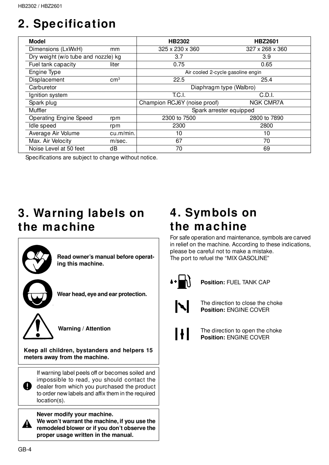 Zenoah HBZ2601, HB2302 owner manual Specification, Symbols on the machine 