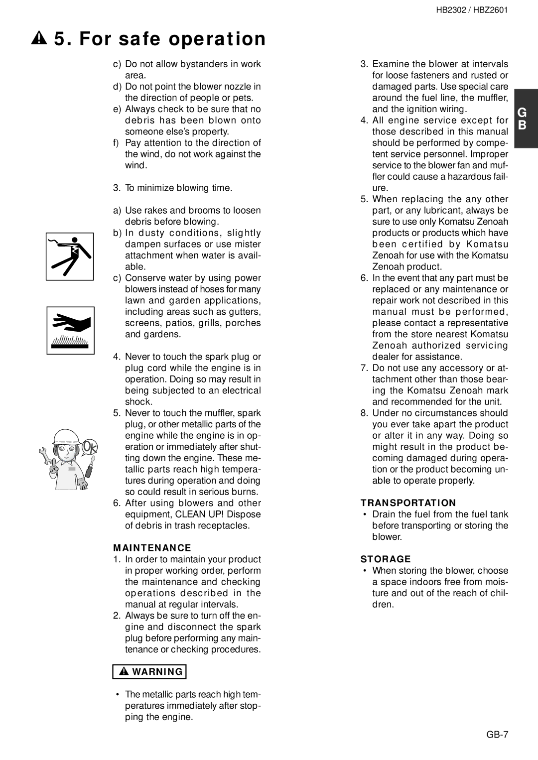 Zenoah HB2302, HBZ2601 owner manual Maintenance, Transportation, Storage 