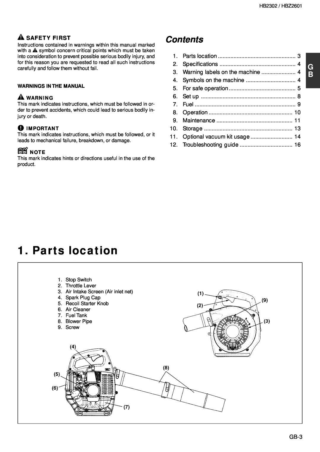 Zenoah HB2302, HBZ2601 owner manual Parts location, Safety First, Contents 