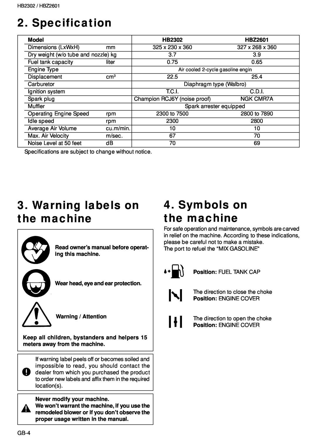 Zenoah HBZ2601 Specification, Warning labels on the machine, Symbols on the machine, Model, HB2302, Warning / Attention 
