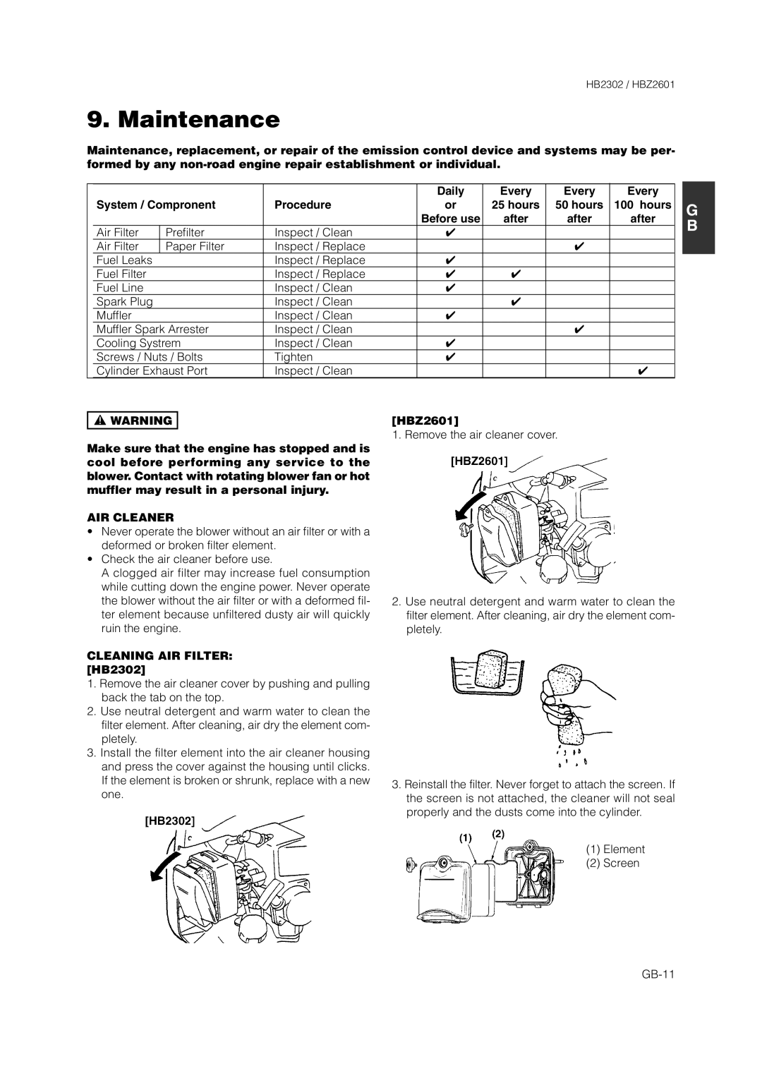 Zenoah HBZ2601 owner manual Maintenance, AIR Cleaner, Cleaning AIR Filter HB2302 