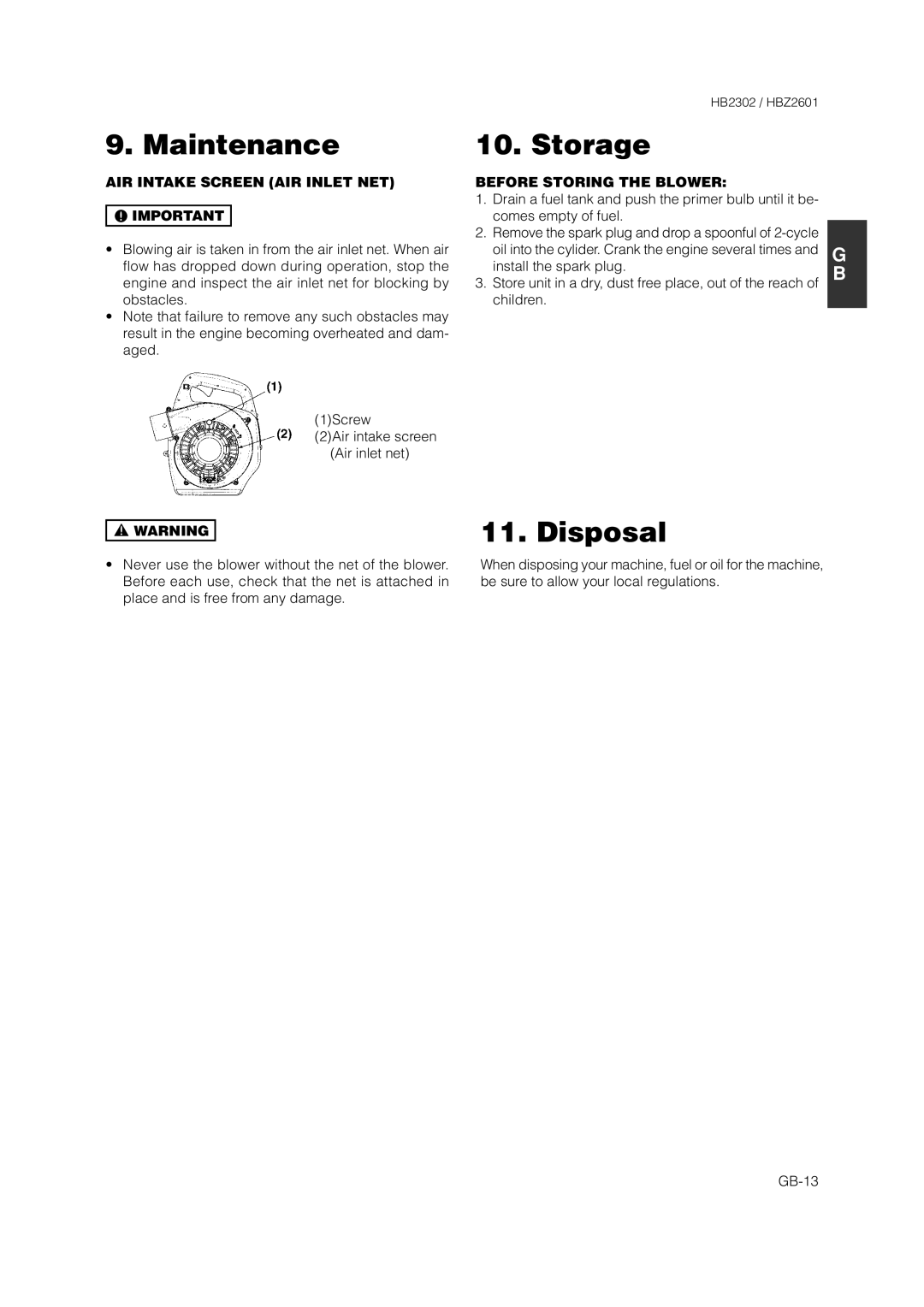 Zenoah HBZ2601 owner manual Maintenance Storage, Disposal, AIR Intake Screen AIR Inlet NET, Before Storing the Blower 