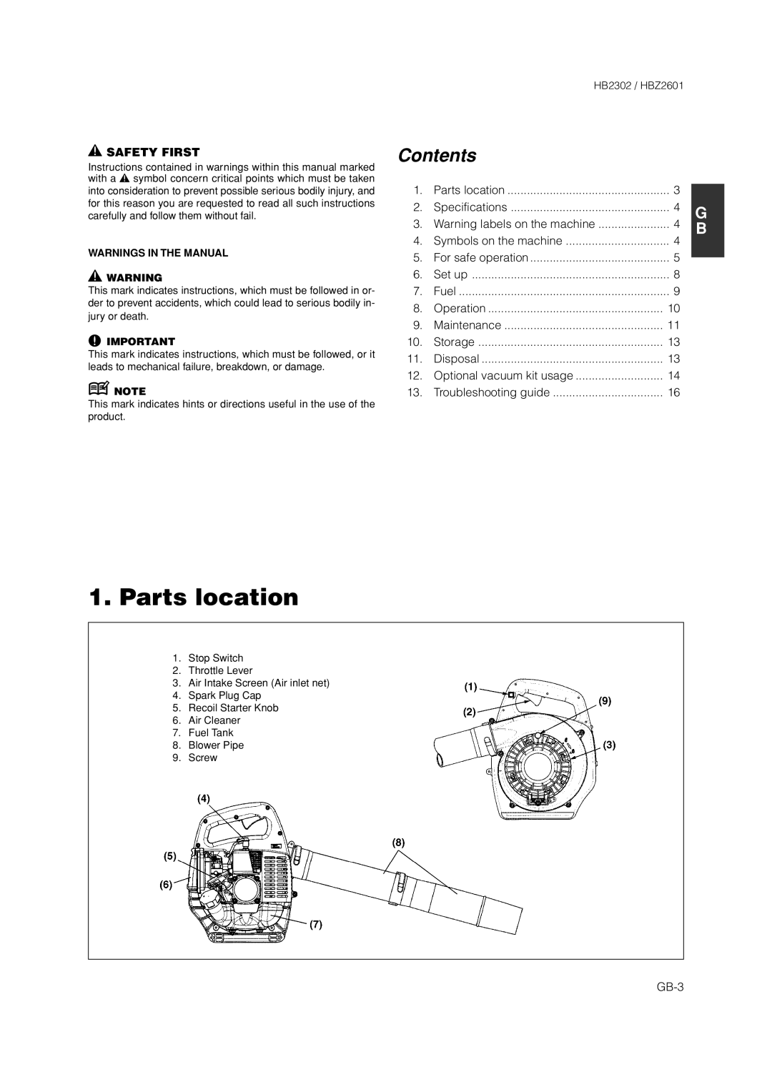 Zenoah HBZ2601 owner manual Parts location, Contents 