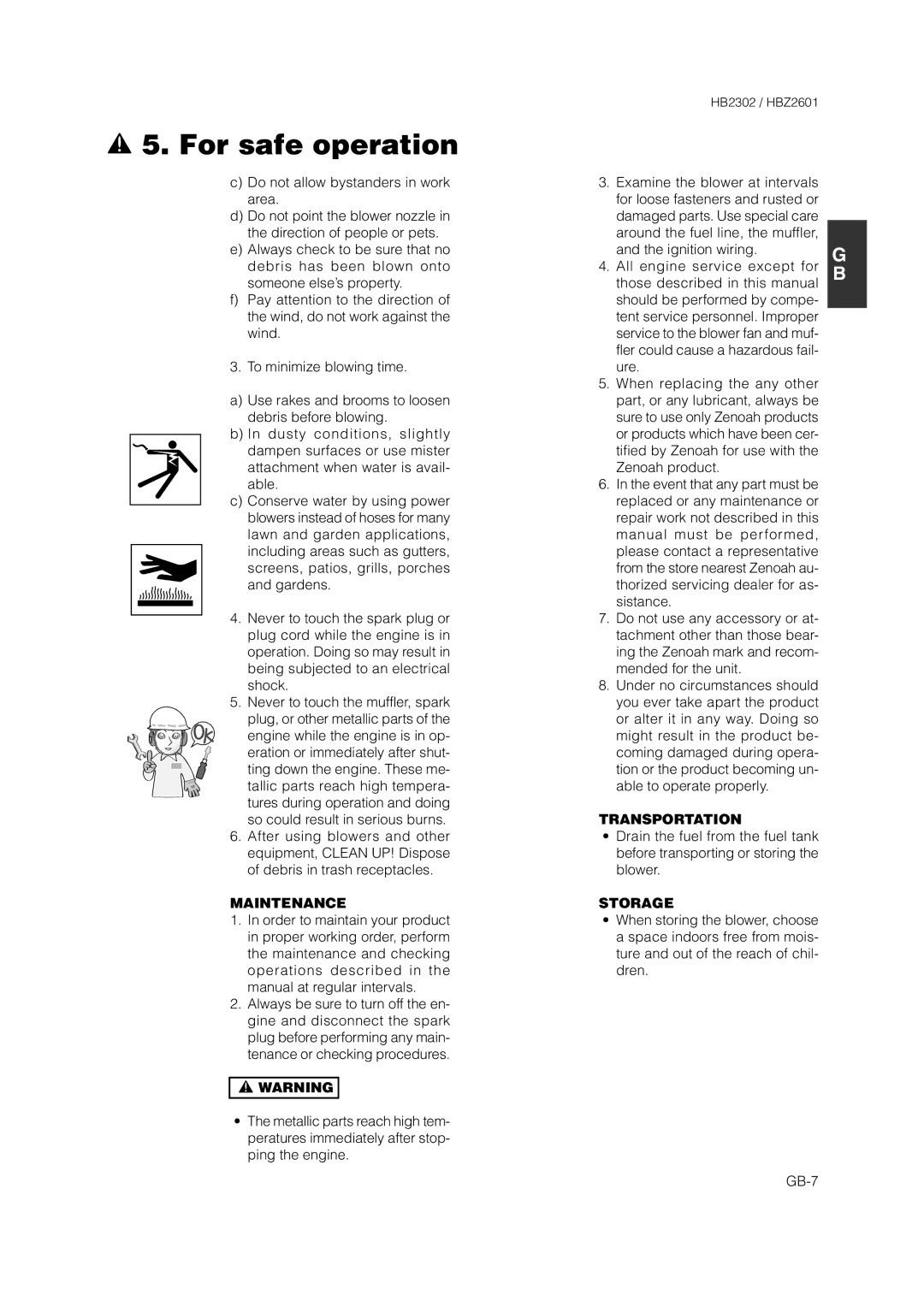 Zenoah HBZ2601 owner manual Maintenance, Transportation, Storage 