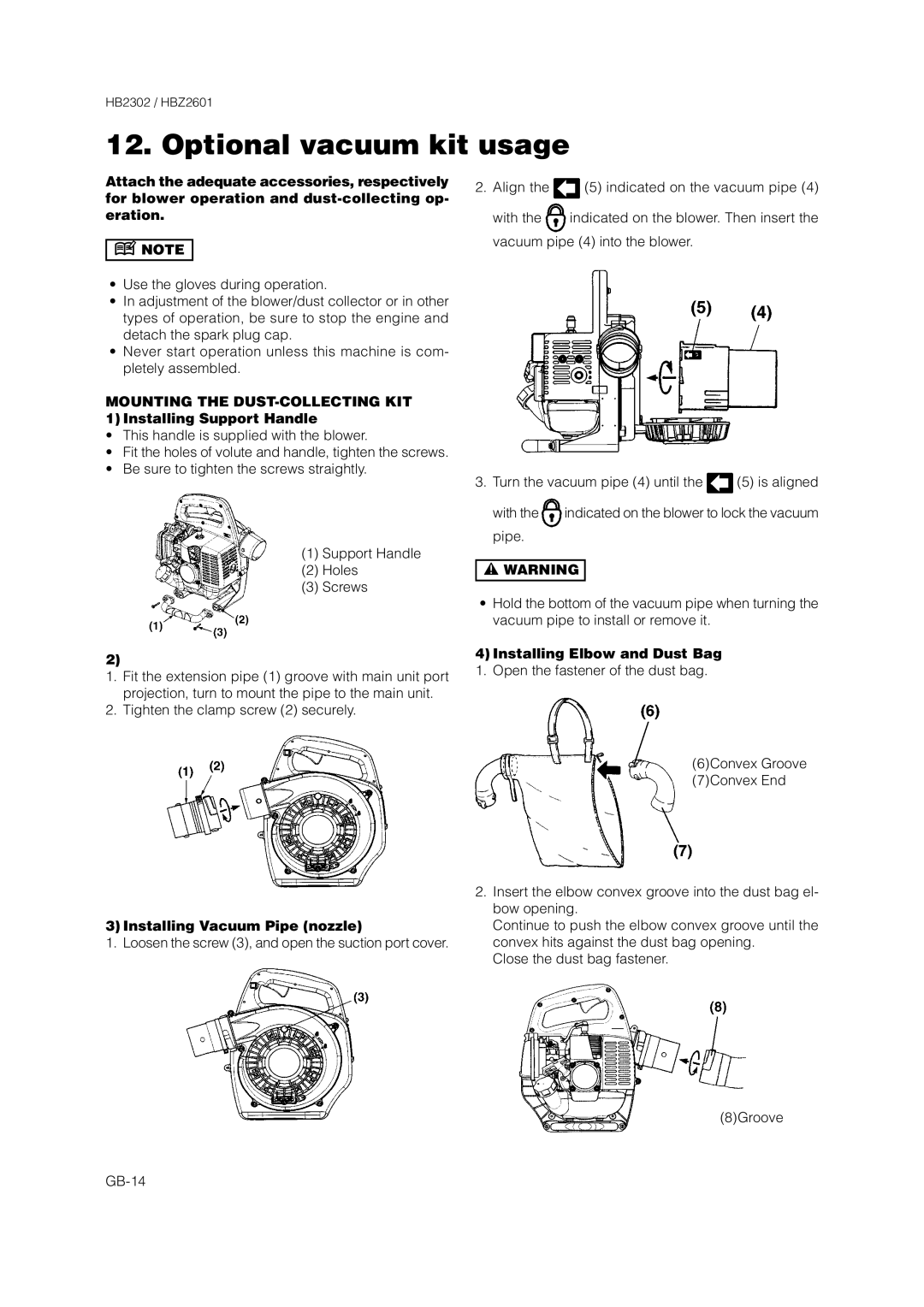 Zenoah HBZ2601 owner manual Optional vacuum kit usage, Installing Vacuum Pipe nozzle, 4Installing Elbow and Dust Bag 