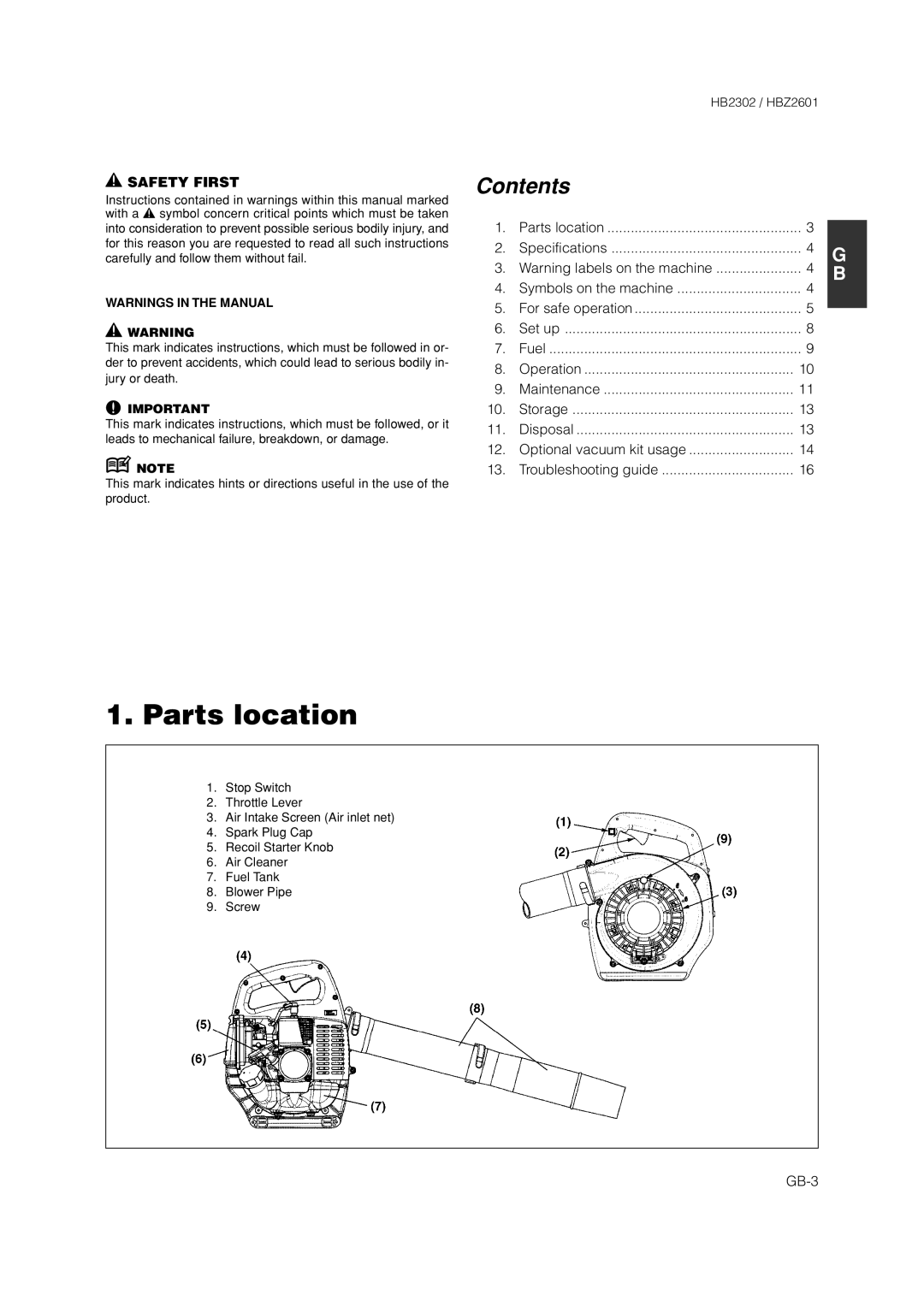 Zenoah HBZ2601 owner manual Parts location, Safety First, Contents 