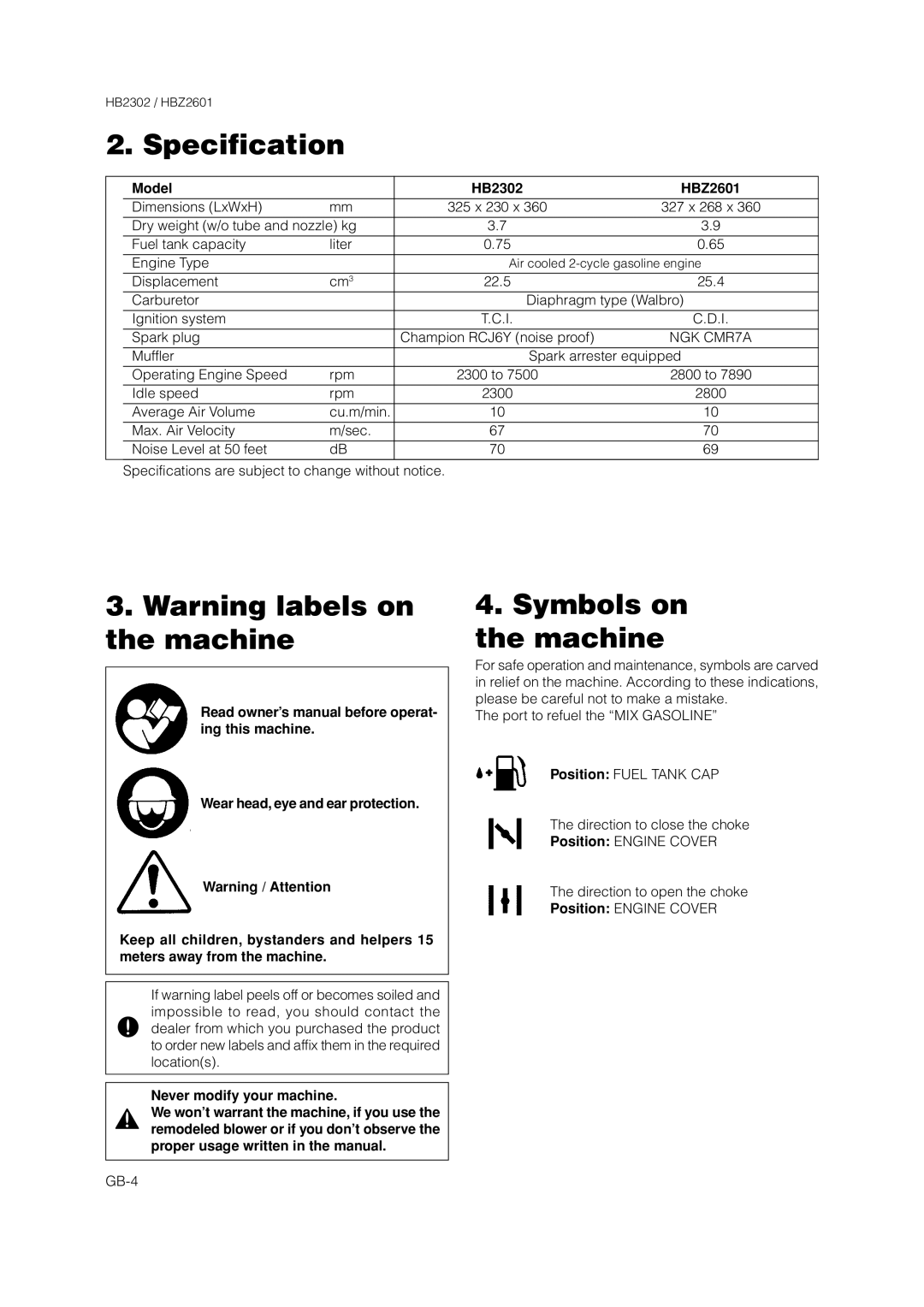 Zenoah HBZ2601 Specification, Warning labels on the machine, Symbols on the machine, Model, HB2302, Warning / Attention 