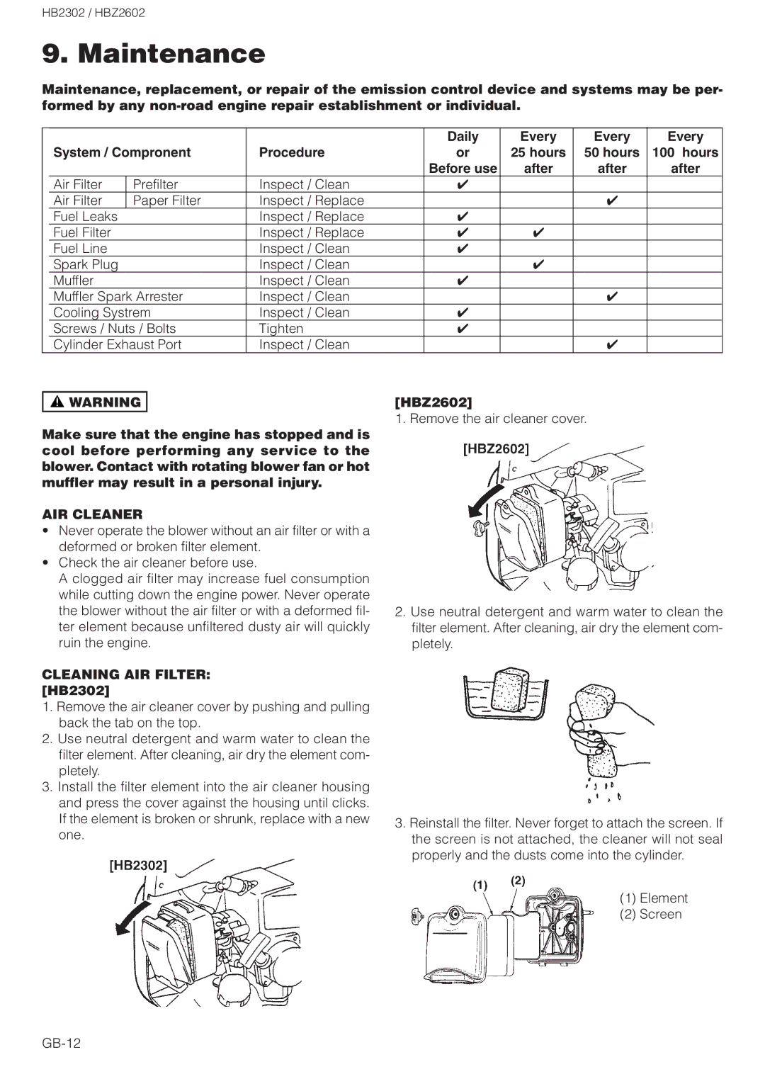 Zenoah HBZ2602 owner manual Maintenance, AIR Cleaner, Cleaning AIR Filter HB2302 