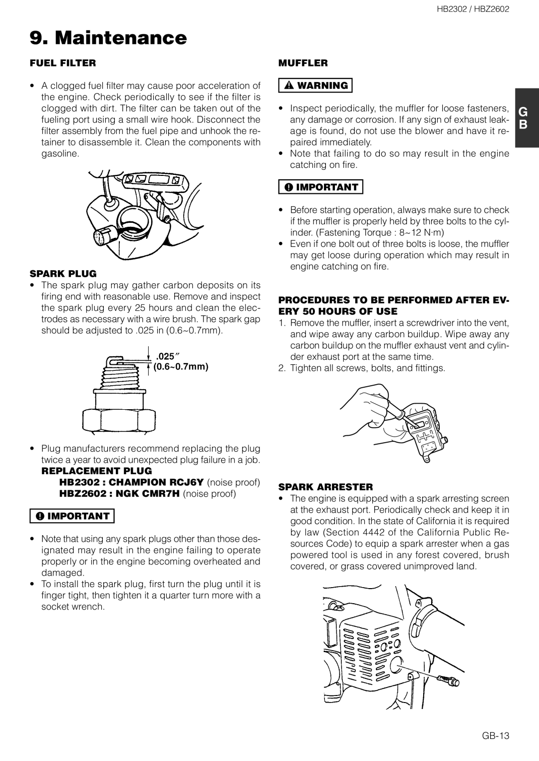 Zenoah HBZ2602 owner manual Fuel Filter, Spark Plug, Replacement Plug, Muffler, Spark Arrester 