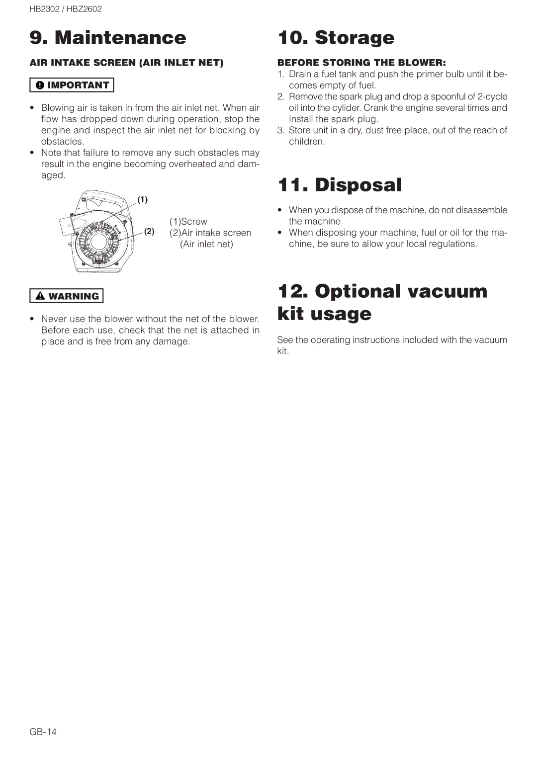 Zenoah HBZ2602 Storage, Disposal, Optional vacuum kit usage, AIR Intake Screen AIR Inlet NET, Before Storing the Blower 