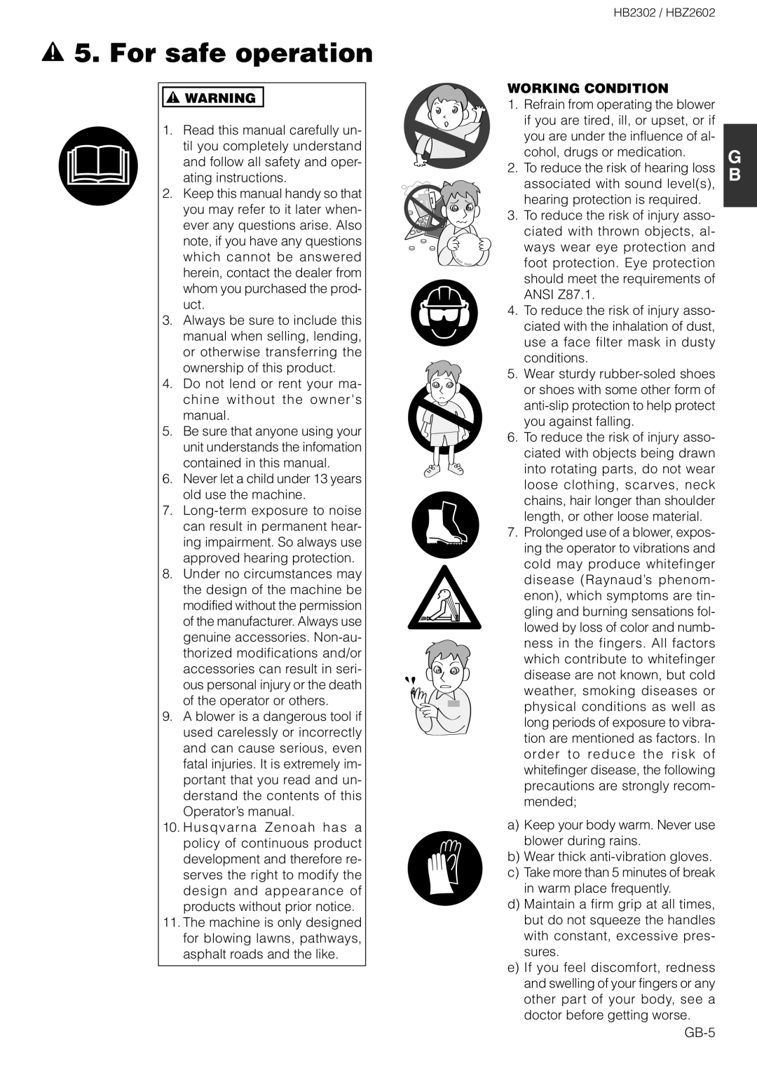 Zenoah HBZ2602 owner manual For safe operation, Never let a child under 13 years old use the machine, Working Condition 