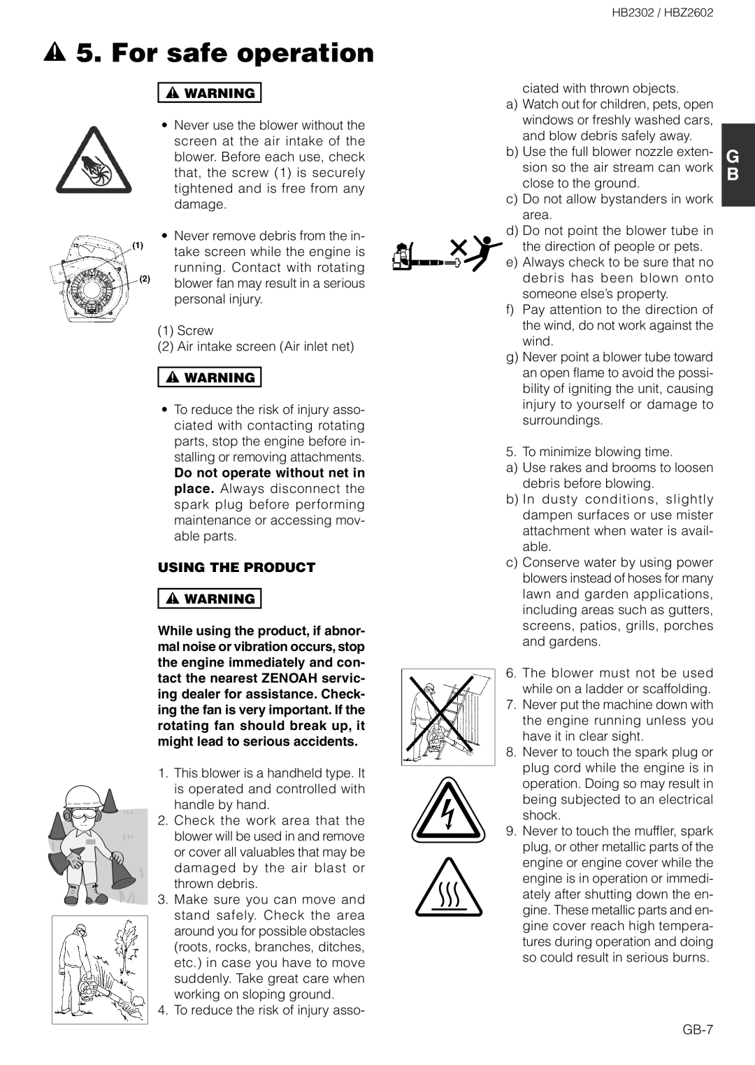 Zenoah HBZ2602 owner manual Using the Product, To reduce the risk of injury asso, Ciated with thrown objects, GB-7 