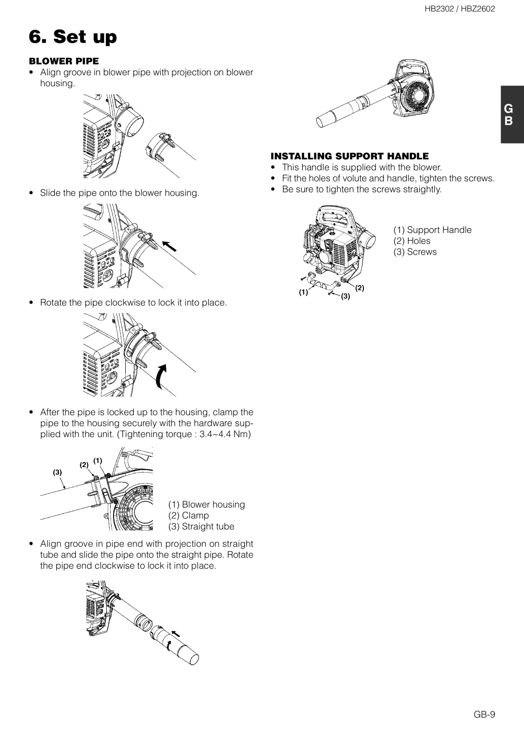 Zenoah HBZ2602 owner manual Set up, Blower Pipe, Installing Support Handle 