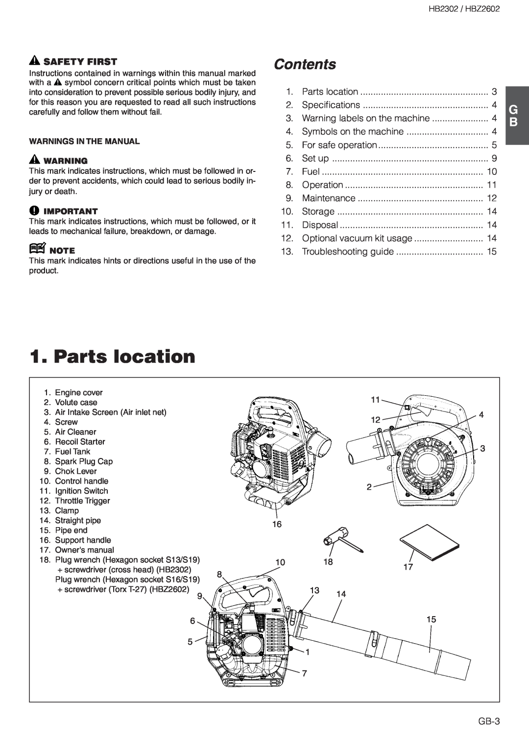 Zenoah HBZ2602 owner manual Parts location, Safety First, Contents 