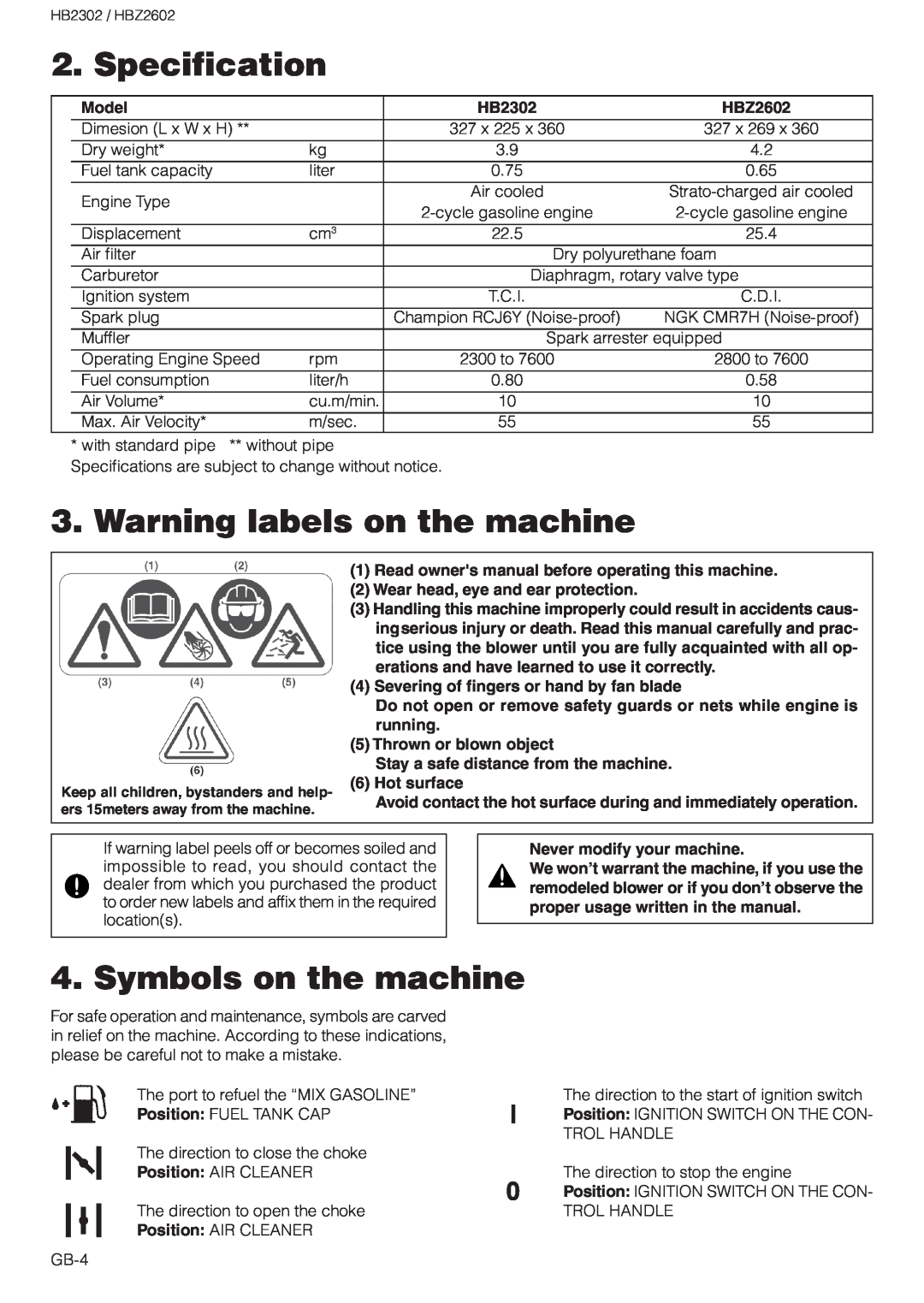 Zenoah HBZ2602 Specification, Warning labels on the machine, Symbols on the machine, Model, HB2302, Hot surface 