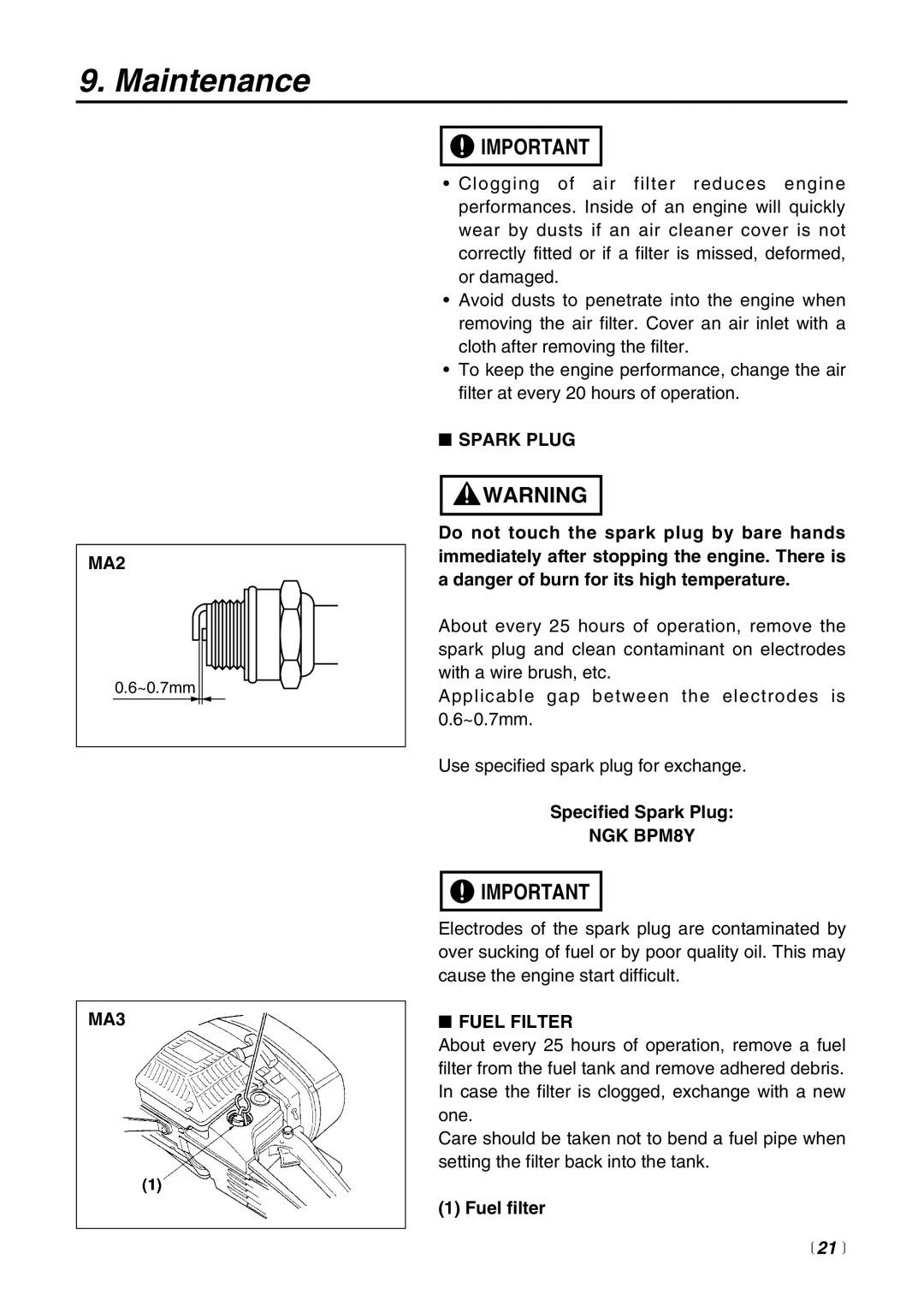 Zenoah HC510DV manual MA2, MA3, Spark Plug, NGK BPM8Y, Fuel Filter 