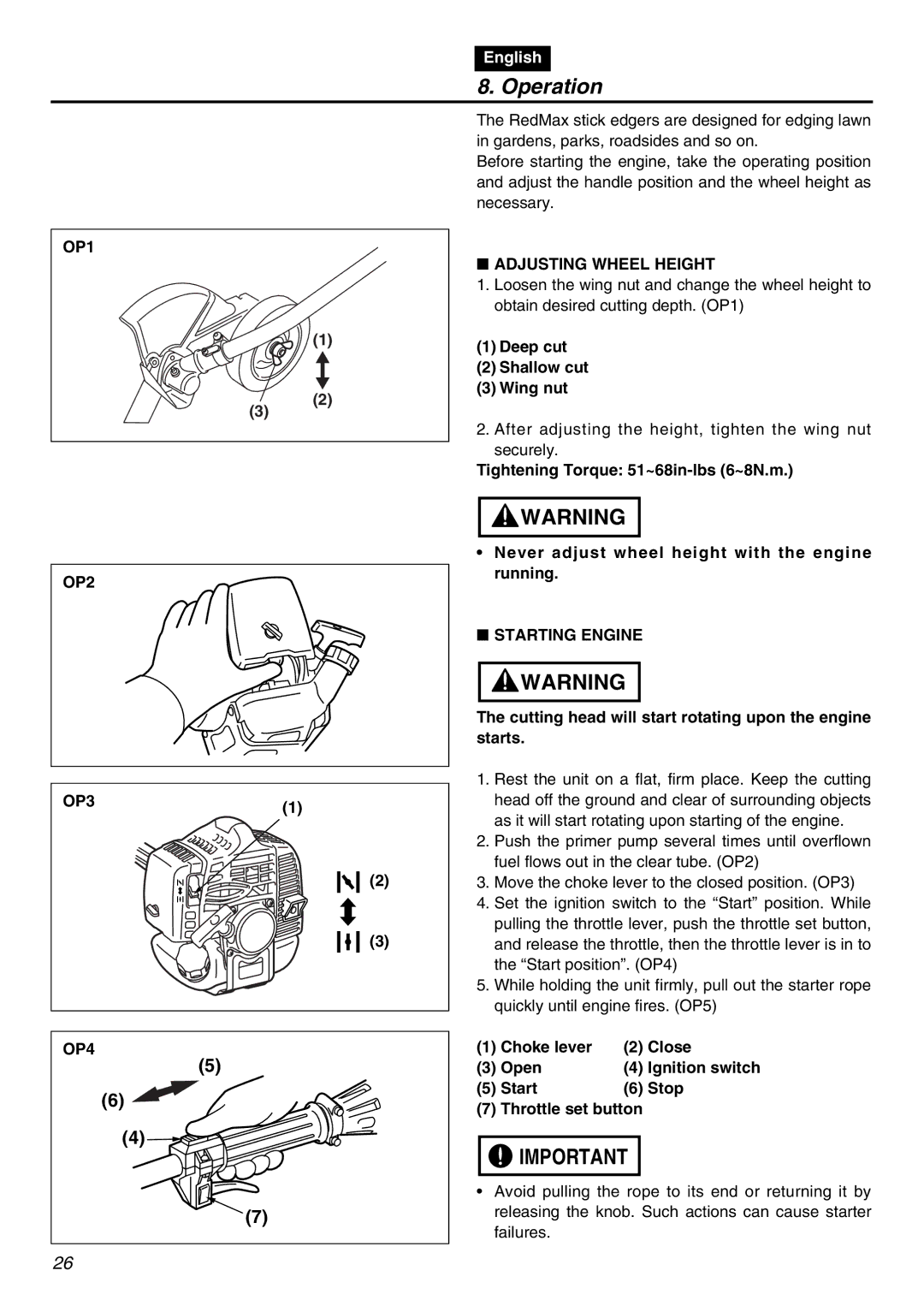 Zenoah HE225F, HEZ2500F manual Operation, OP1, Adjusting Wheel Height, OP2 OP3 OP4, Starting Engine 