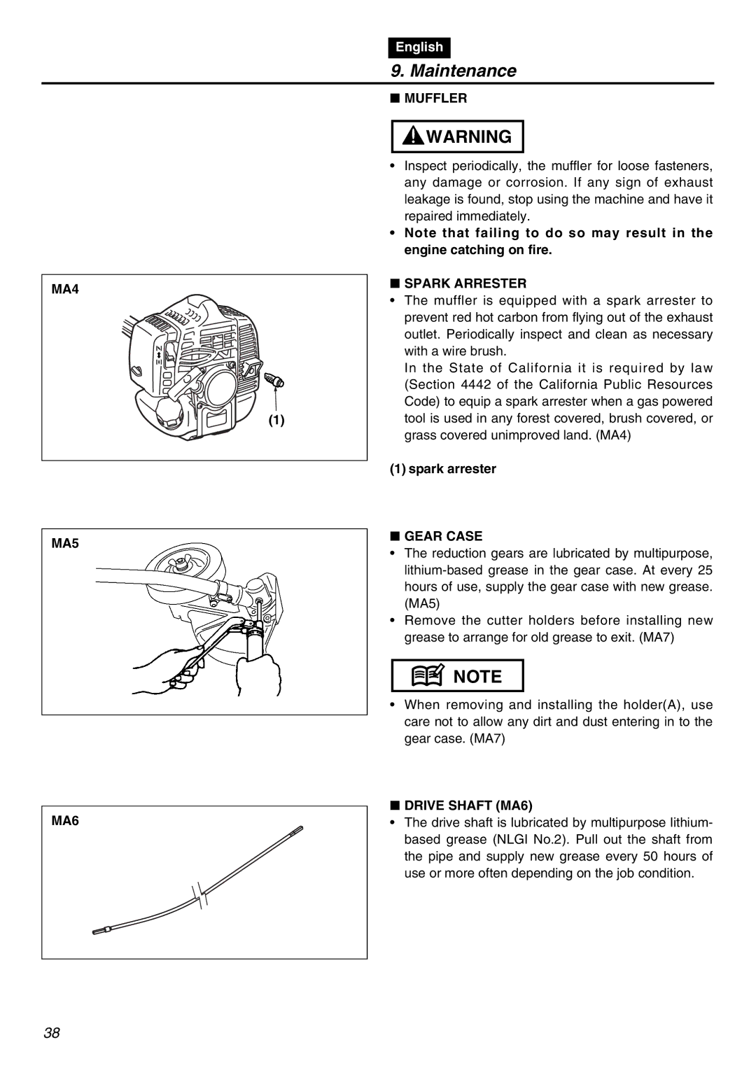 Zenoah HE225F, HEZ2500F manual Muffler MA4 MA5 MA6, Spark Arrester, Spark arrester, Gear Case, Drive Shaft MA6 