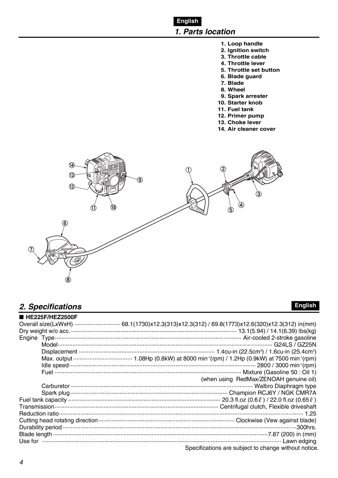 Zenoah HE225F, HEZ2500F manual Parts location, Specifications, HE225F/HEZ2500F 