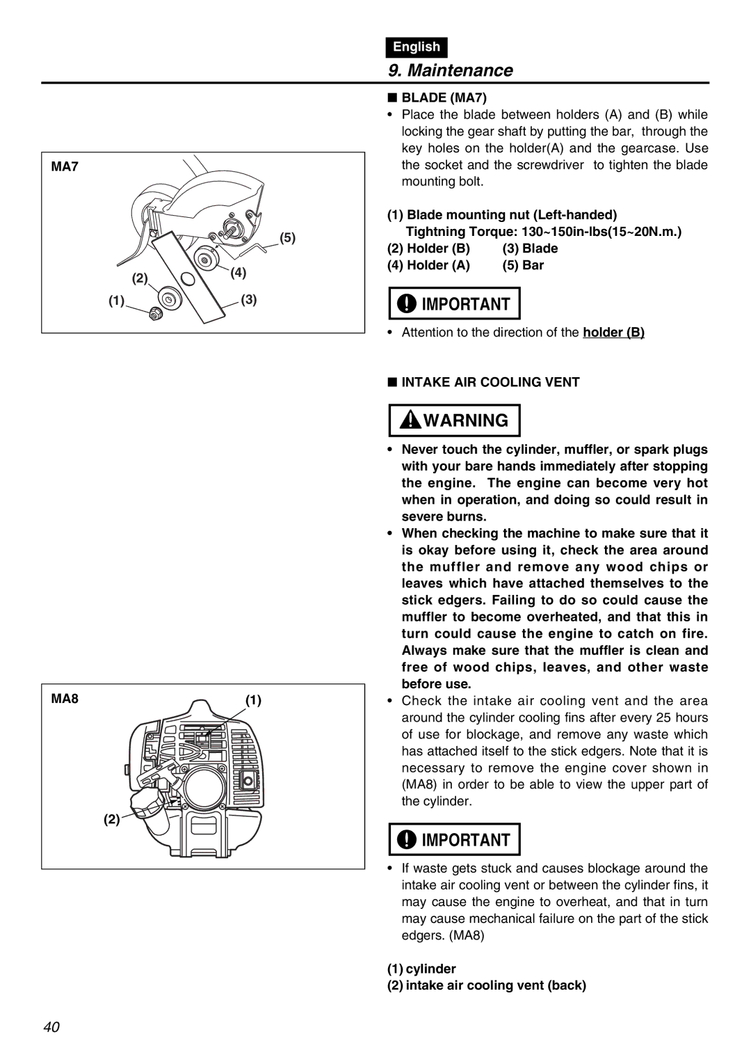 Zenoah HE225F, HEZ2500F manual MA7 Blade MA7, Intake AIR Cooling Vent MA8, Cylinder Intake air cooling vent back 