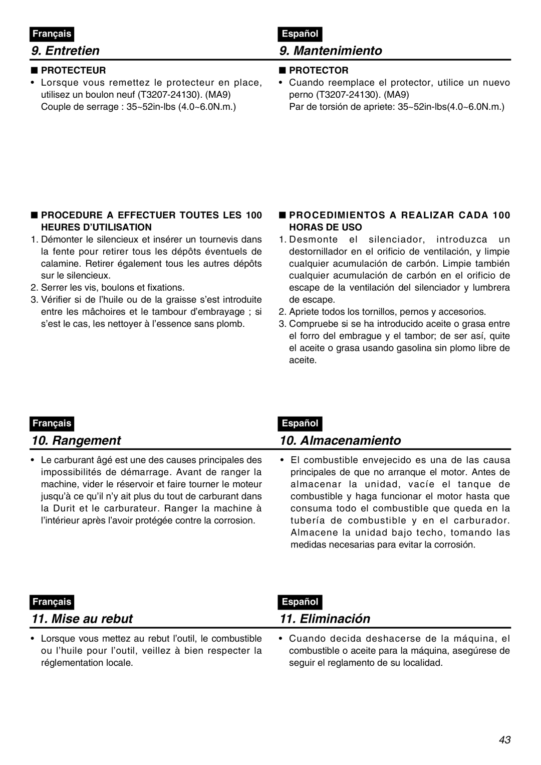 Zenoah HE225F, HEZ2500F Entretien Mantenimiento, Rangement Almacenamiento, Mise au rebut Eliminación, Protecteur Protector 