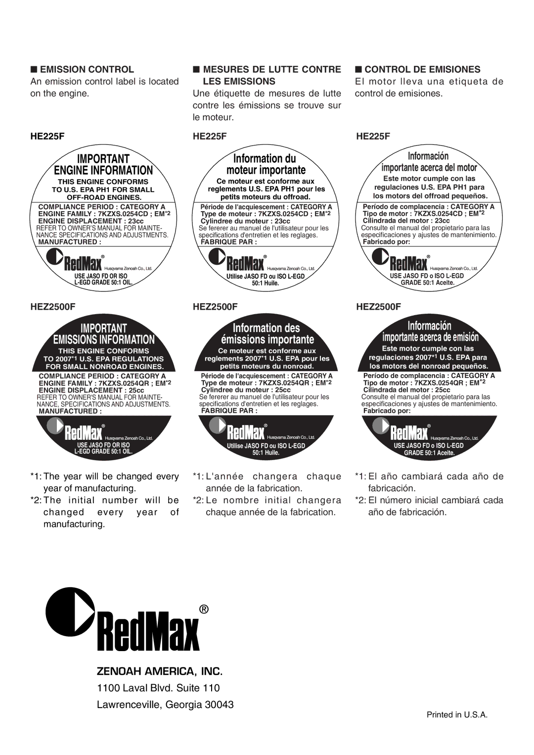 Zenoah HE225F, HEZ2500F manual Emission Control Mesures DE Lutte Contre, LES Emissions, Control DE Emisiones 