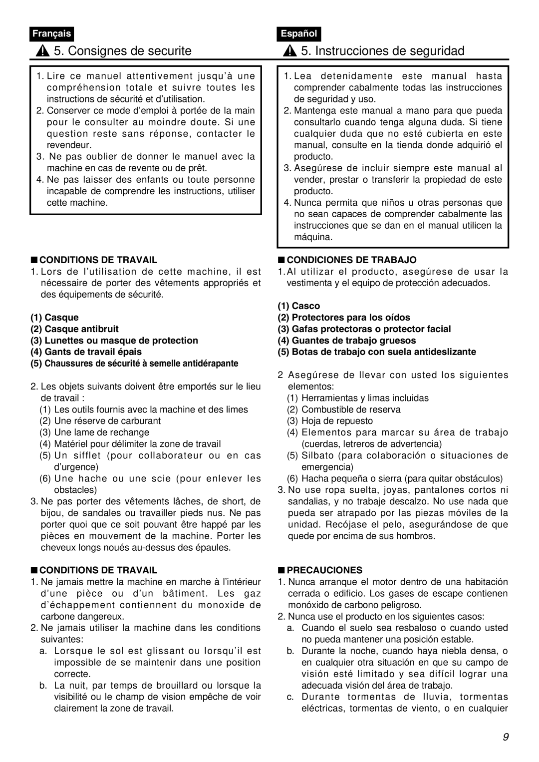 Zenoah HE225F, HEZ2500F Consignes de securite Instrucciones de seguridad, Conditions DE Travail, Condiciones DE Trabajo 