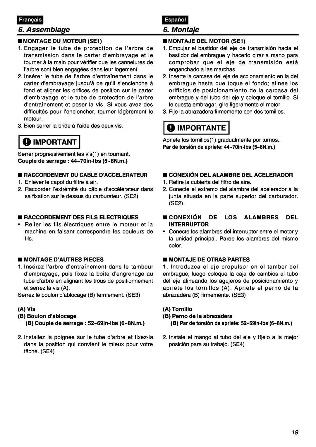 Zenoah HE225F, HEZ2500F manual Assemblage, Montaje, Importante, Français, Español 