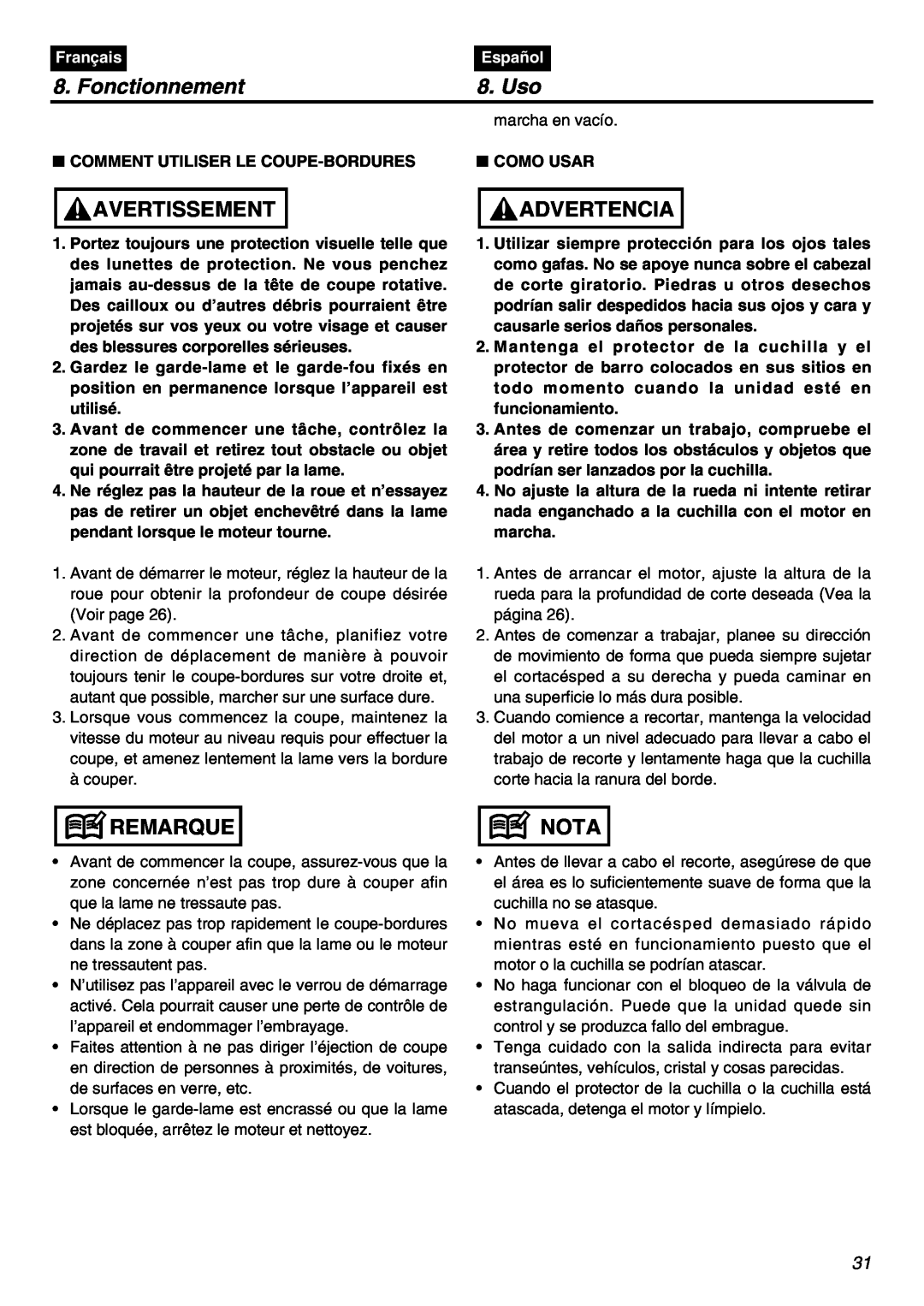Zenoah HE225F, HEZ2500F manual Fonctionnement, Uso, Avertissement, Advertencia, Remarque, Nota, Français, Español 