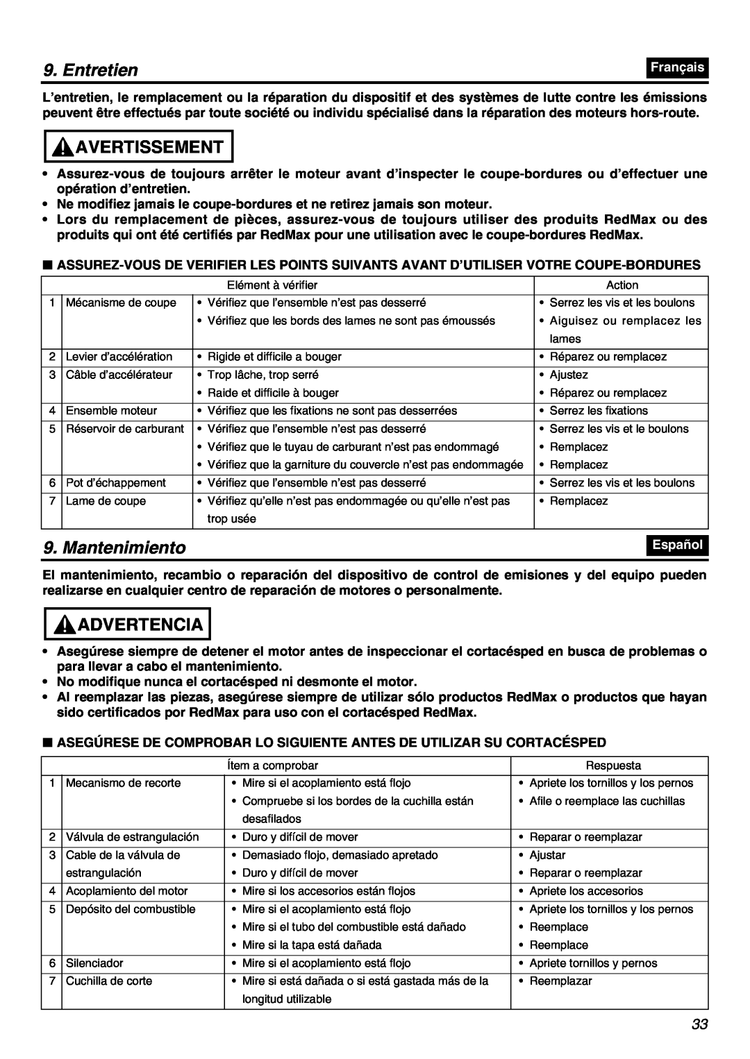 Zenoah HE225F, HEZ2500F manual Entretien, Mantenimiento, Avertissement, Advertencia, Français, Español 