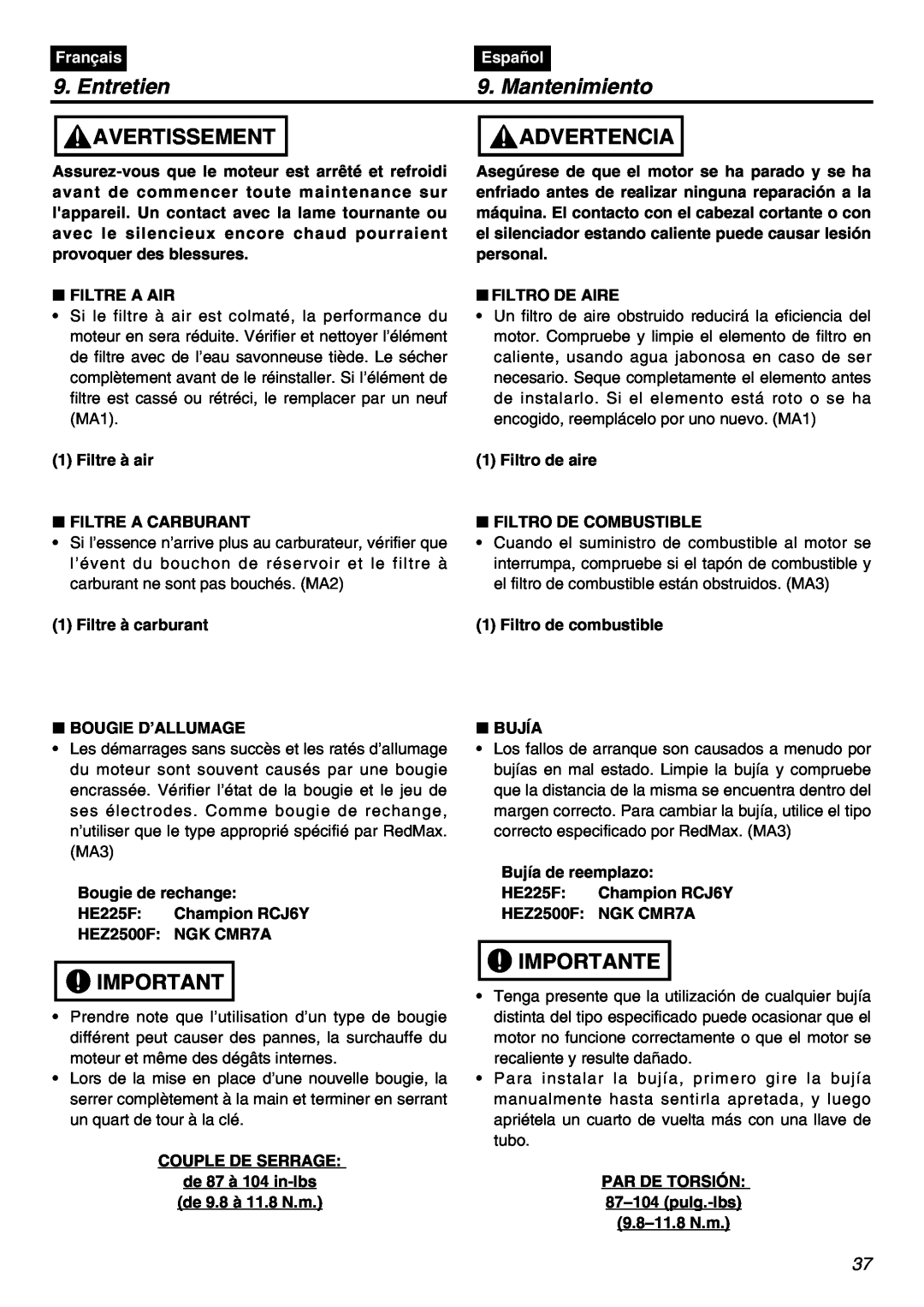 Zenoah HE225F, HEZ2500F manual Entretien, Mantenimiento, Avertissement, Advertencia, Importante, Français, Español 