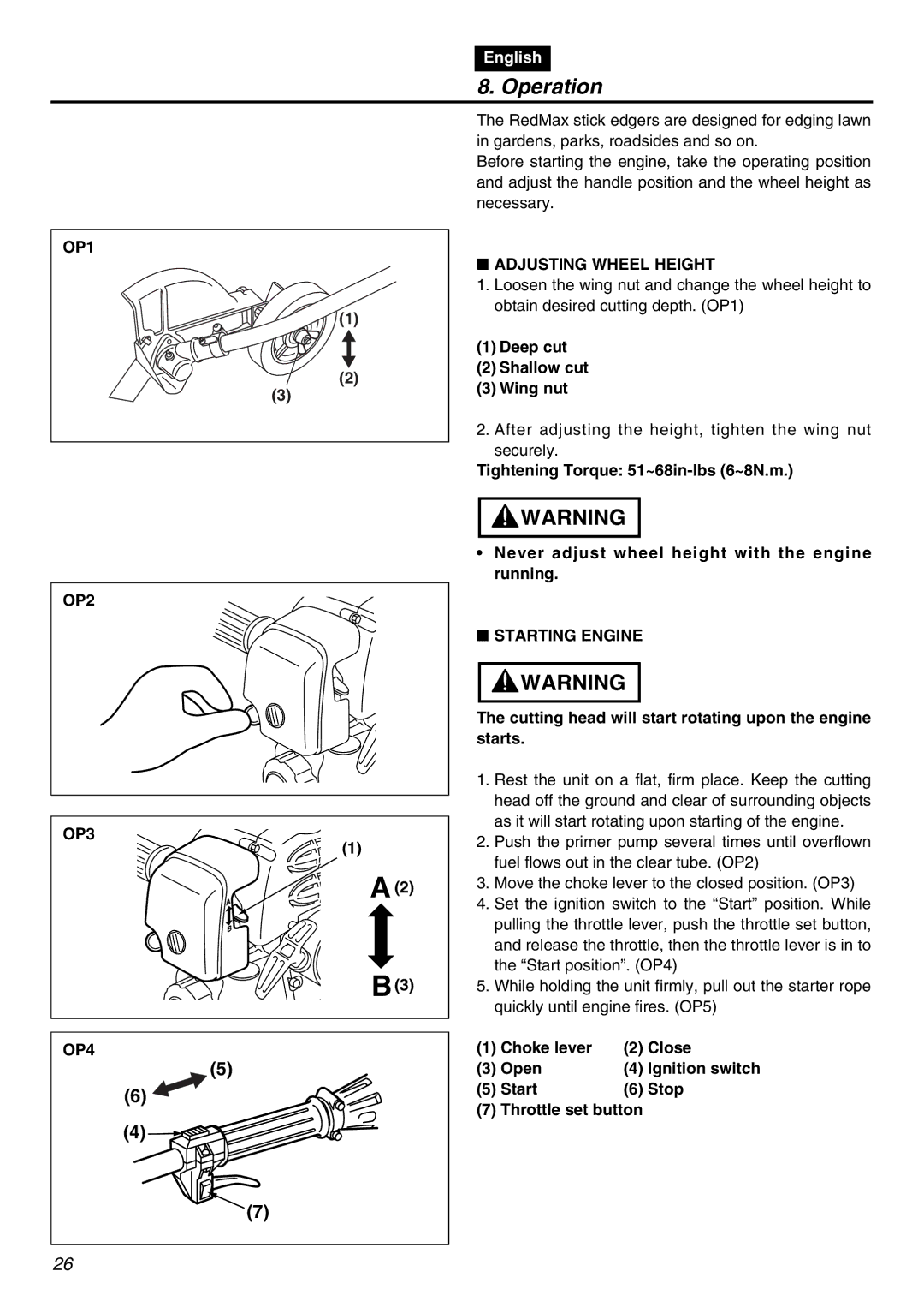 Zenoah HE250F manual Operation, OP1, Adjusting Wheel Height, OP2 OP3 OP4, Starting Engine 