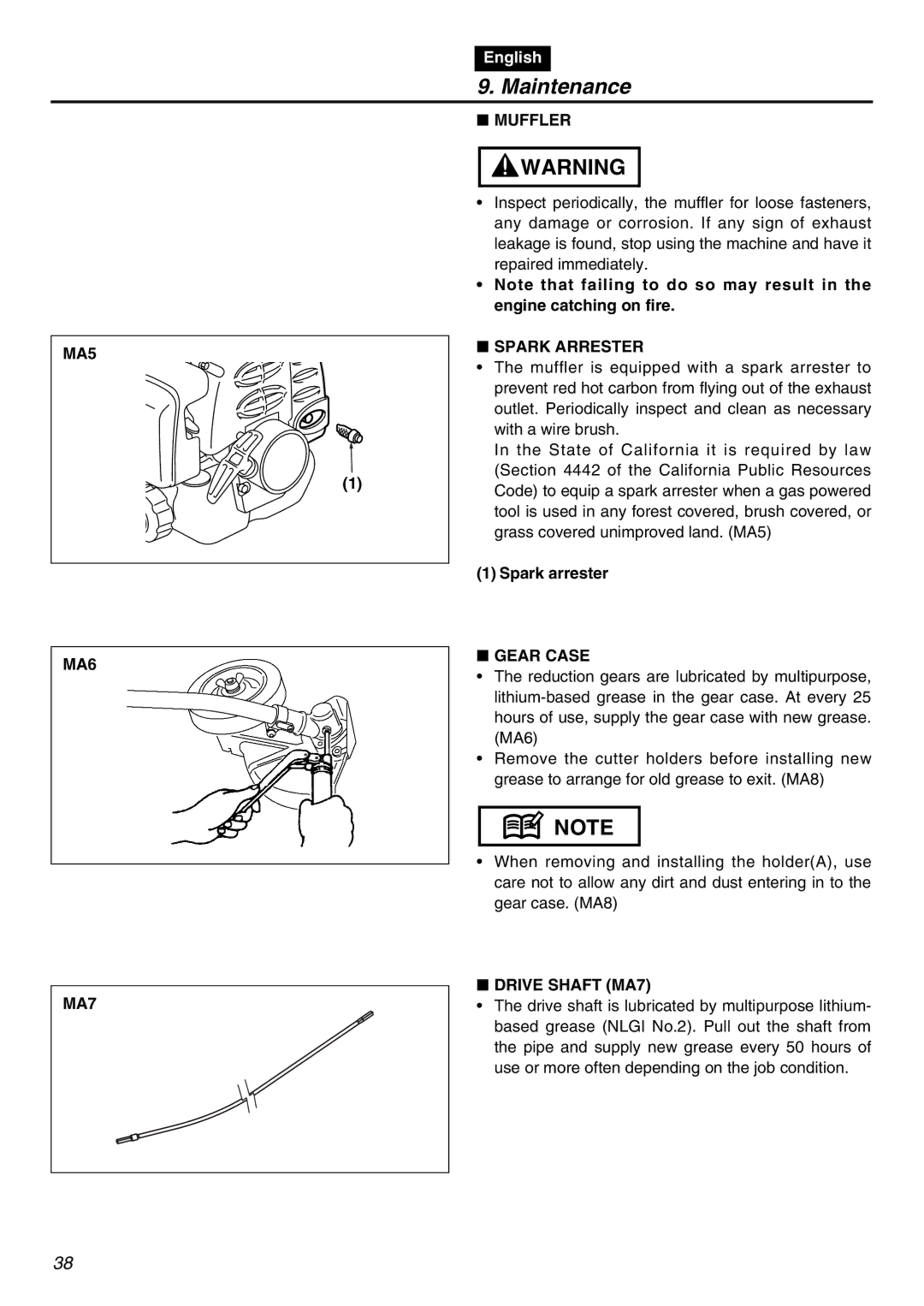 Zenoah HE250F manual Muffler MA5 MA6 MA7, Spark Arrester, Spark arrester, Gear Case, Drive Shaft MA7 