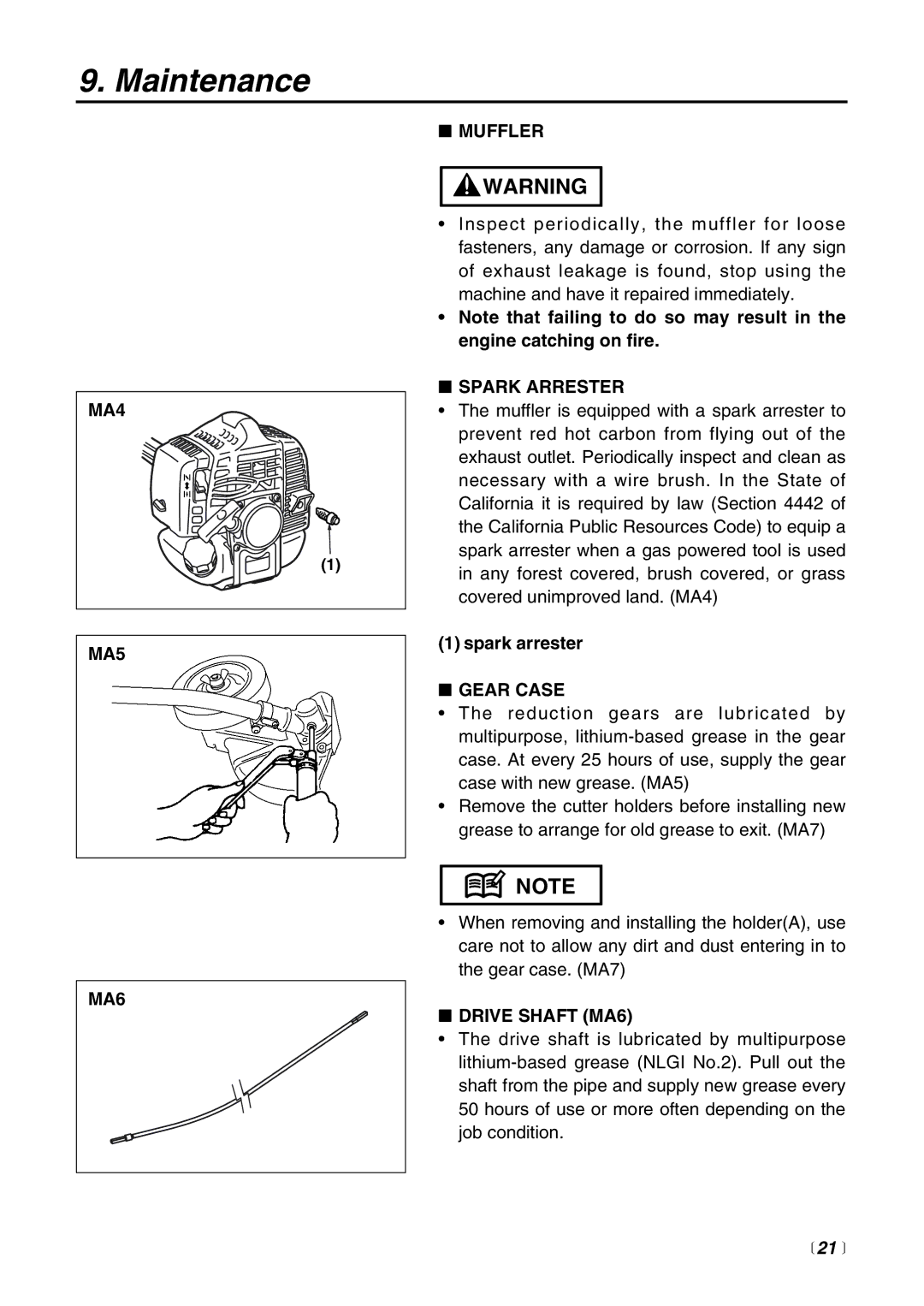 Zenoah HEZ2500F manual MA4 MA5 MA6 Muffler, Spark Arrester, Gear Case, Drive Shaft MA6,  21  