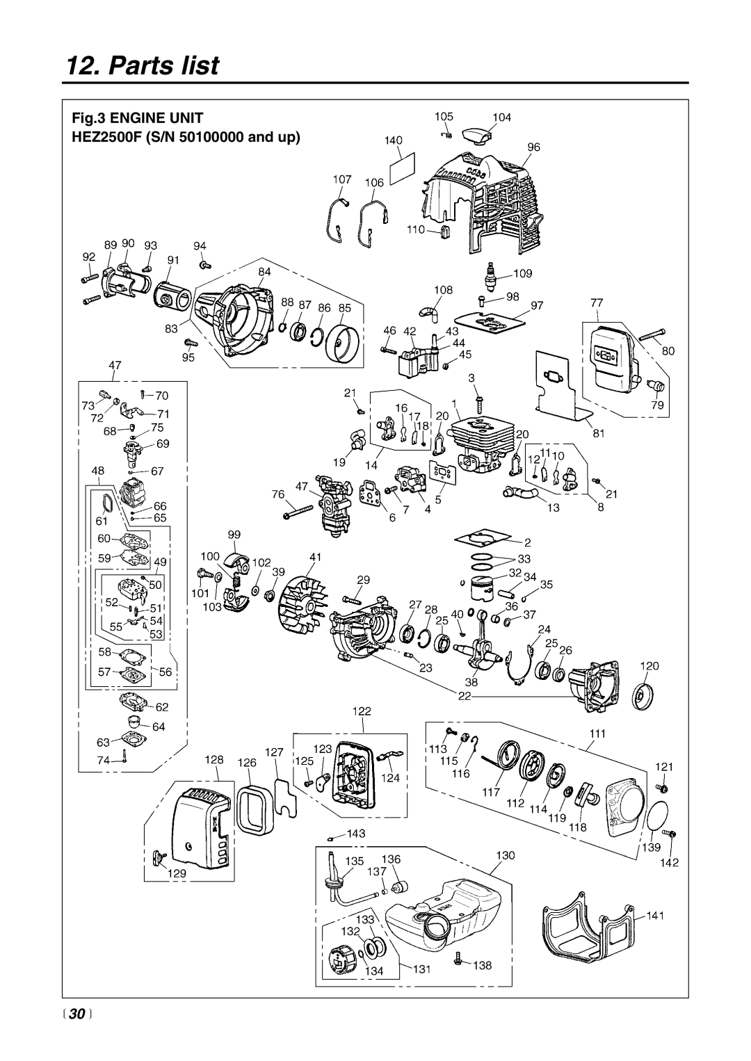 Zenoah manual Engine Unit HEZ2500F S/N 50100000 and up,  30  