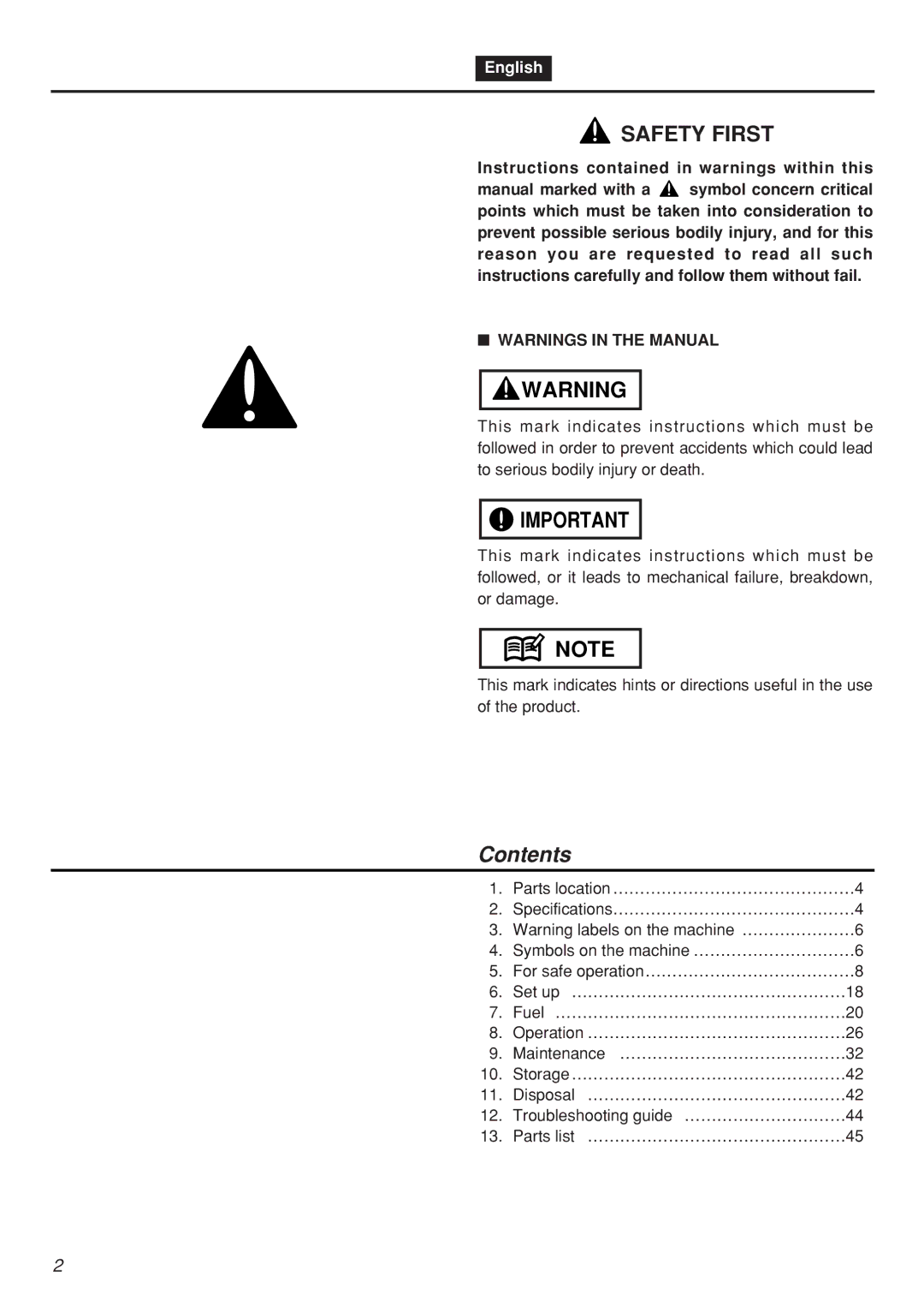 Zenoah HEZ2601F-CA manual Contents 