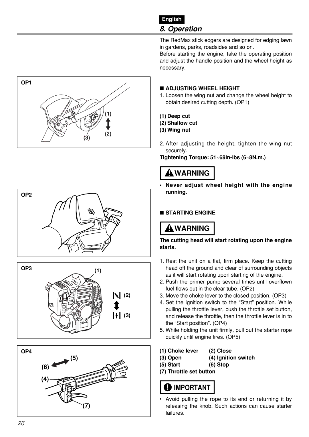 Zenoah HEZ2601F-CA manual Operation, OP1, Adjusting Wheel Height, OP2 OP3 OP4, Starting Engine 