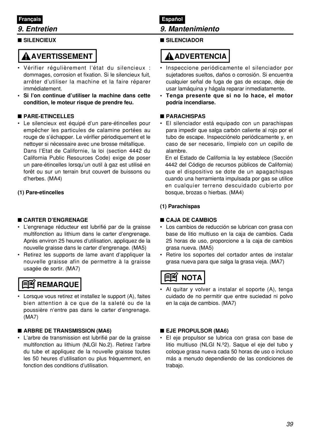 Zenoah HEZ2601F-CA manual Pare-Etincelles, Carter D’ENGRENAGE, Arbre DE Transmission MA6, Parachispas, Caja DE Cambios 