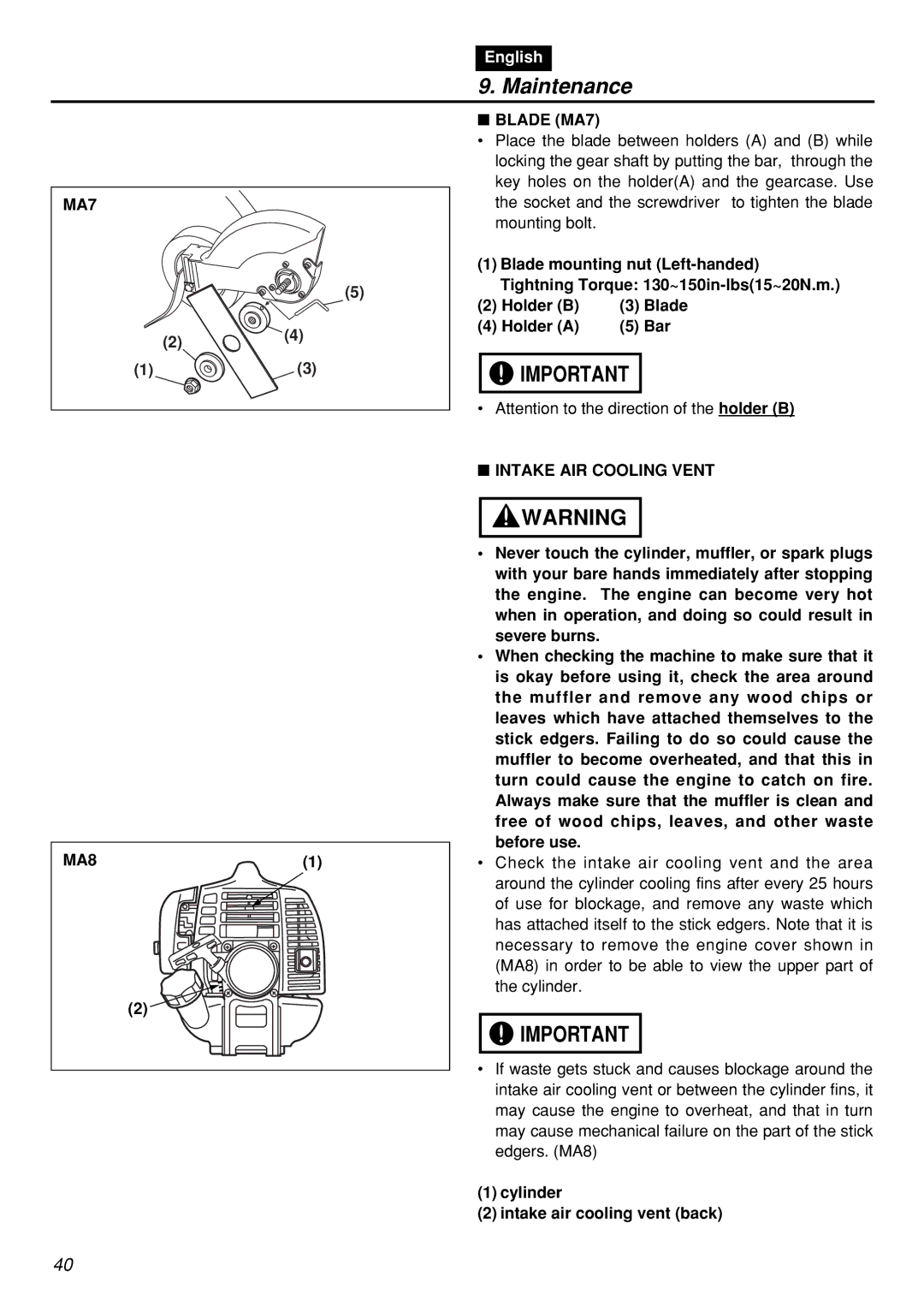 Zenoah HEZ2601F-CA manual MA7 Blade MA7, Intake AIR Cooling Vent MA8, Cylinder Intake air cooling vent back 