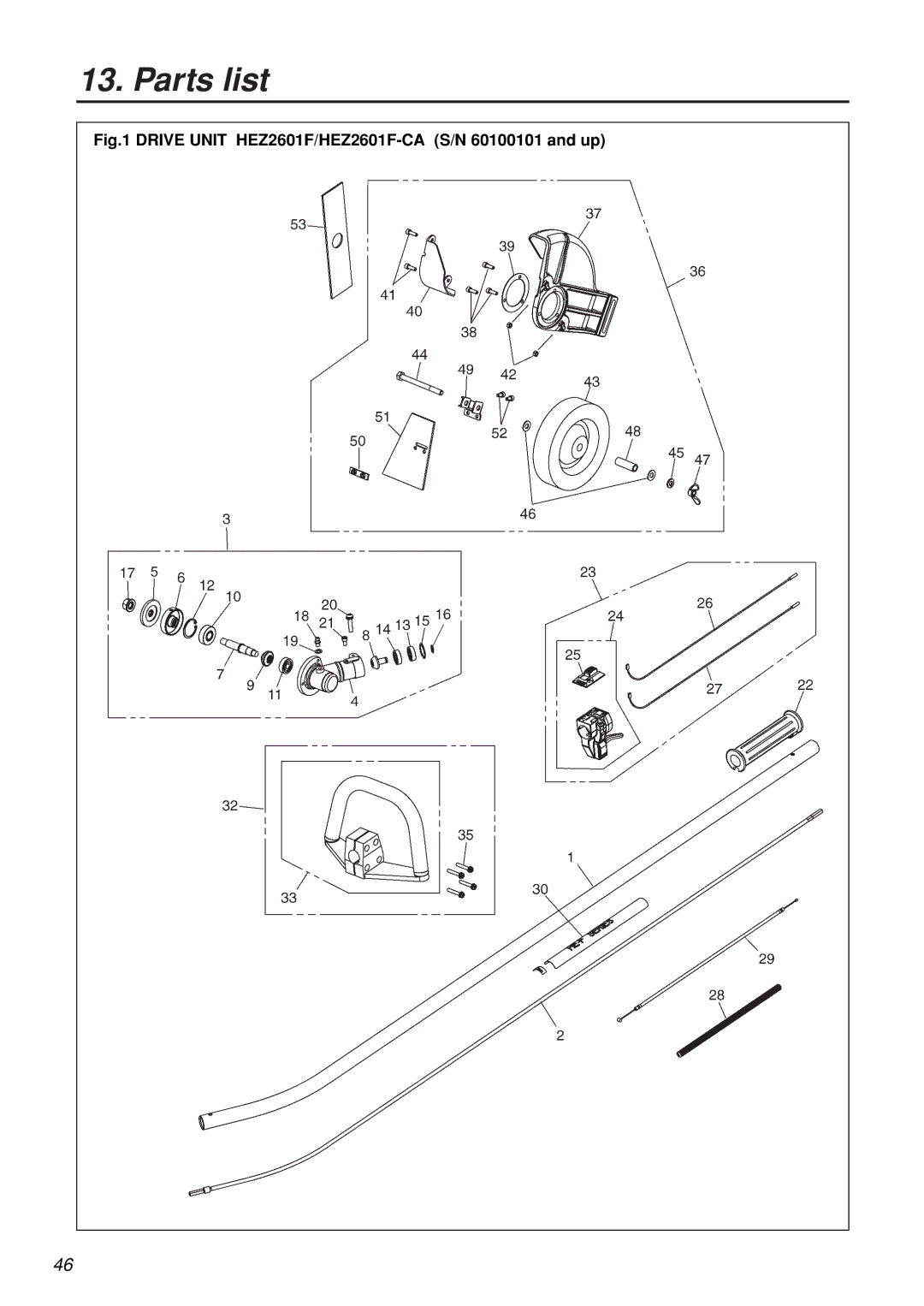 Zenoah manual Drive Unit HEZ2601F/HEZ2601F-CA S/N 60100101 and up 