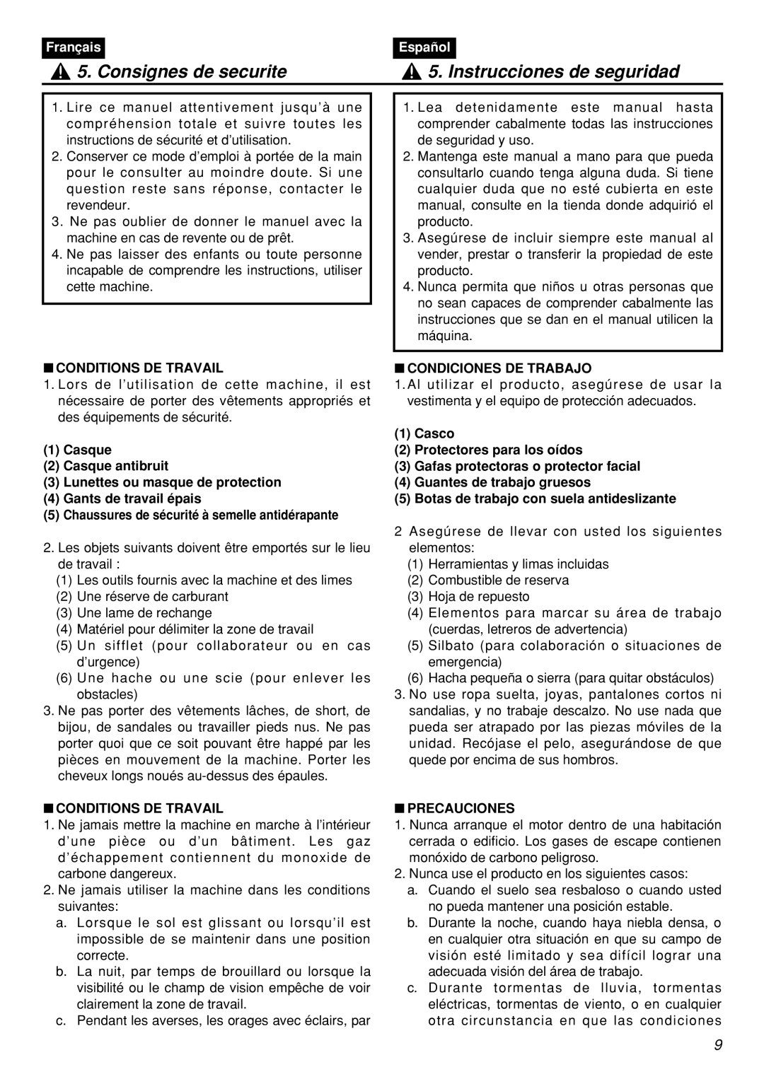 Zenoah HEZ2601F-CA manual Consignes de securite Instrucciones de seguridad, Conditions DE Travail, Condiciones DE Trabajo 