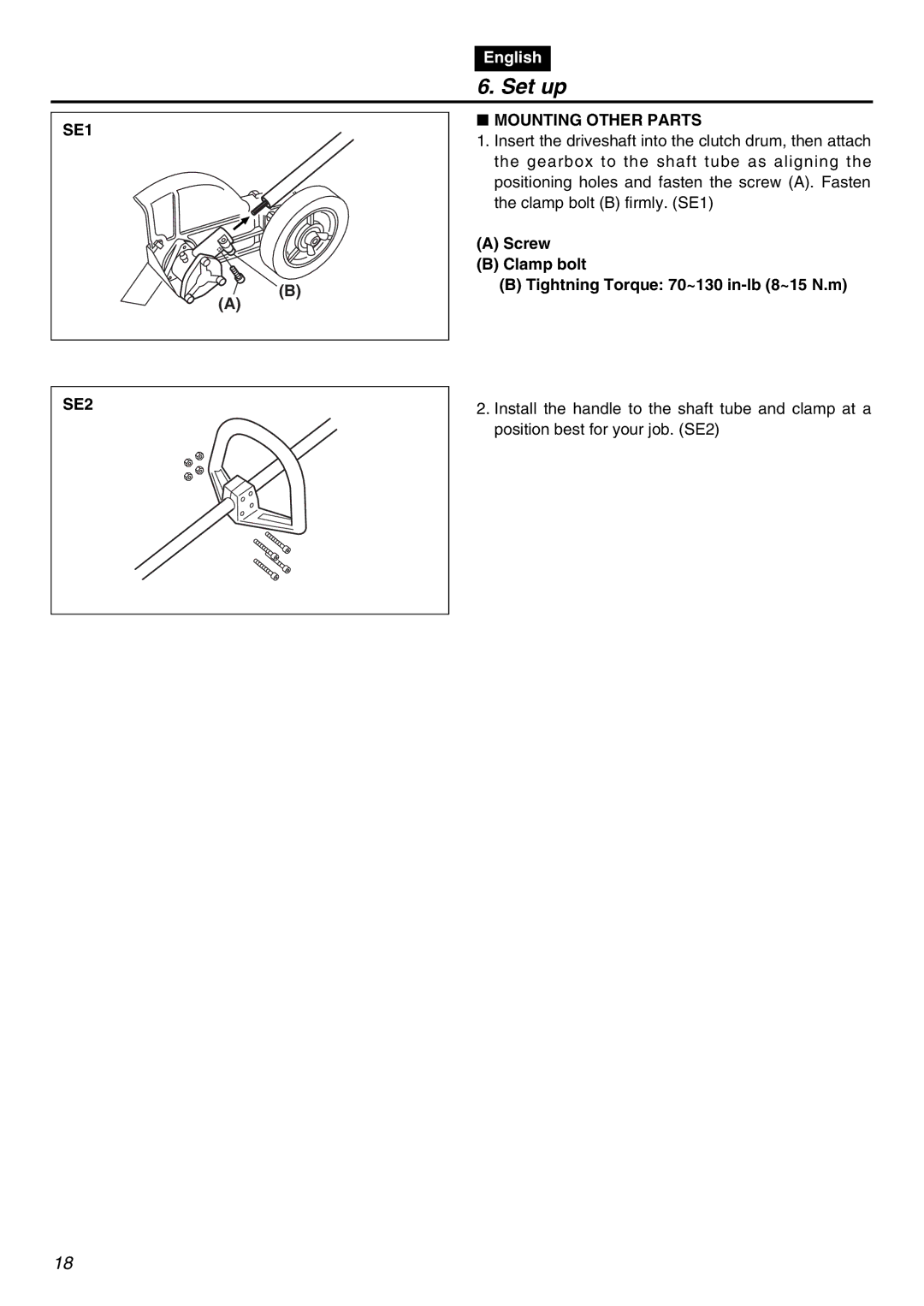 Zenoah HEZ2602S manual Set up, SE1 Mounting Other Parts, Screw Clamp bolt Tightning Torque 70~130 in-lb 8~15 N.m, SE2 